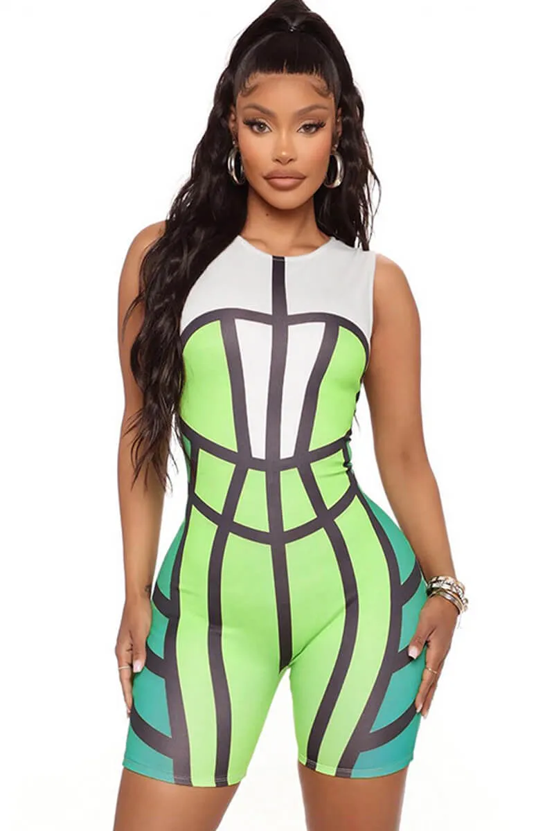 Abstract Print Round Neck Bodycon Romper Sleeveless