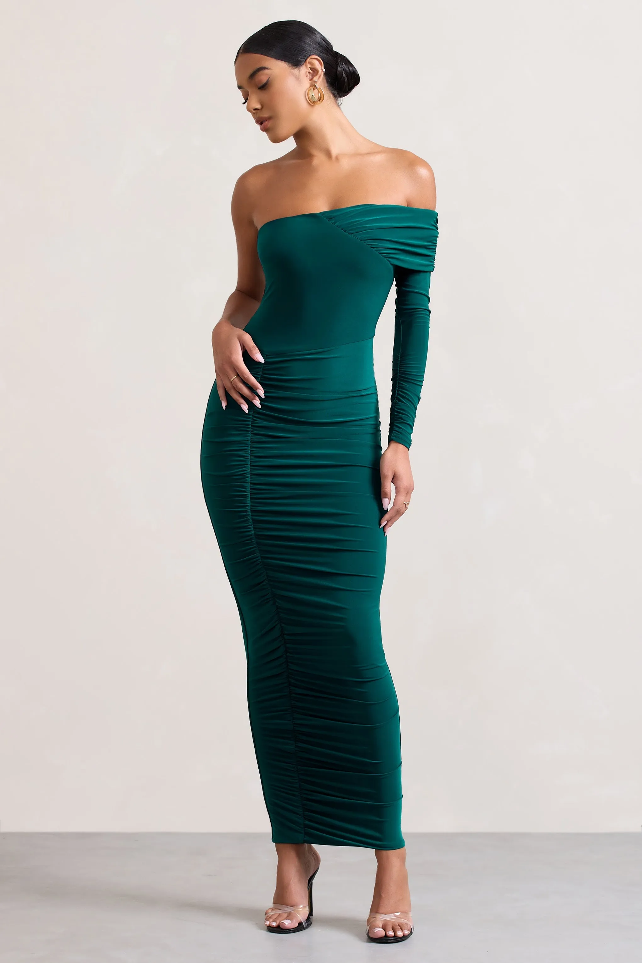 Afterparty | Bottle Green Ruched Asymmetric Bodycon Maxi Dress