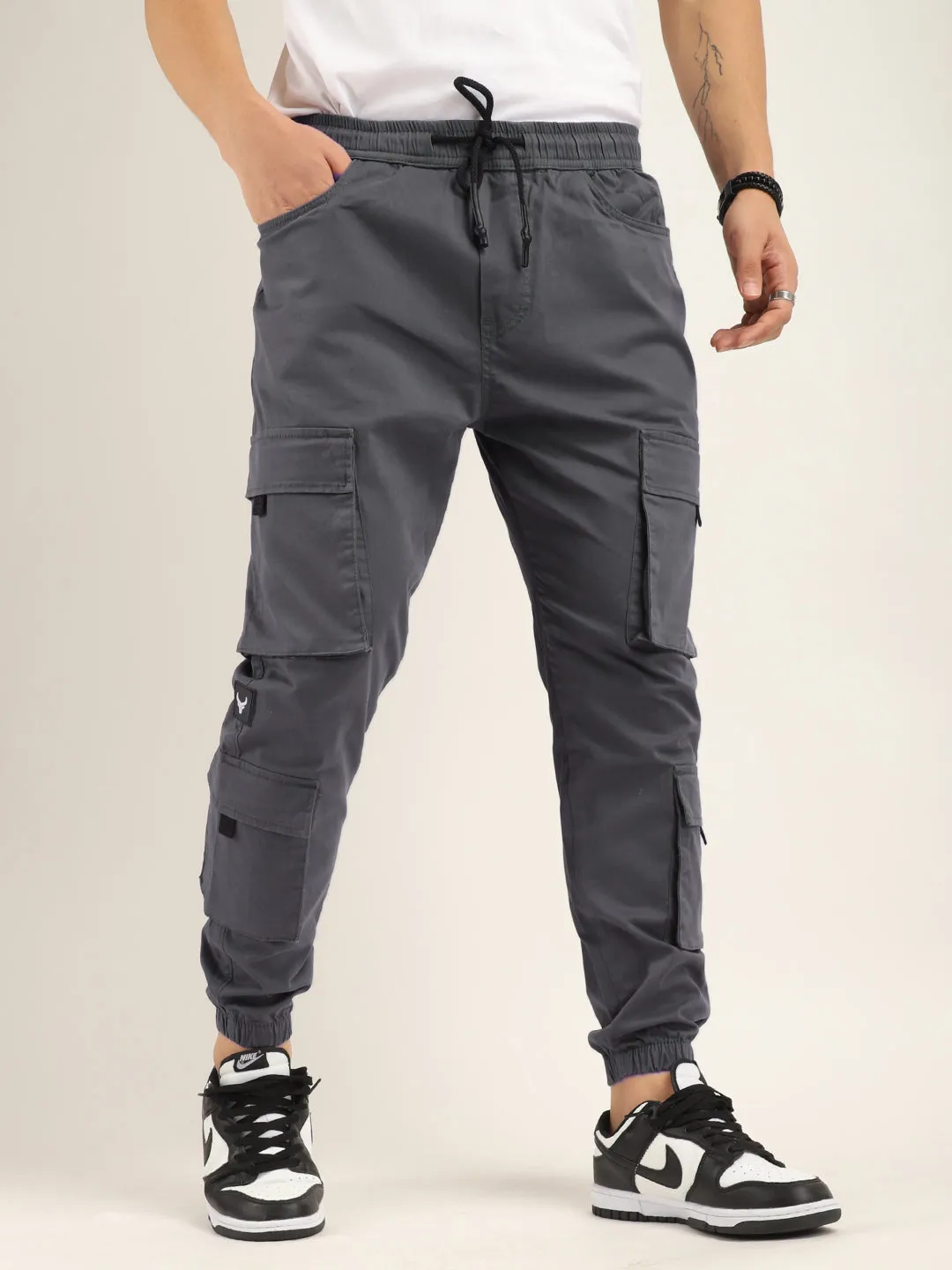 Ash Grey Cotton Twill Baggy Fit 8 Pocket Cotton Cargo