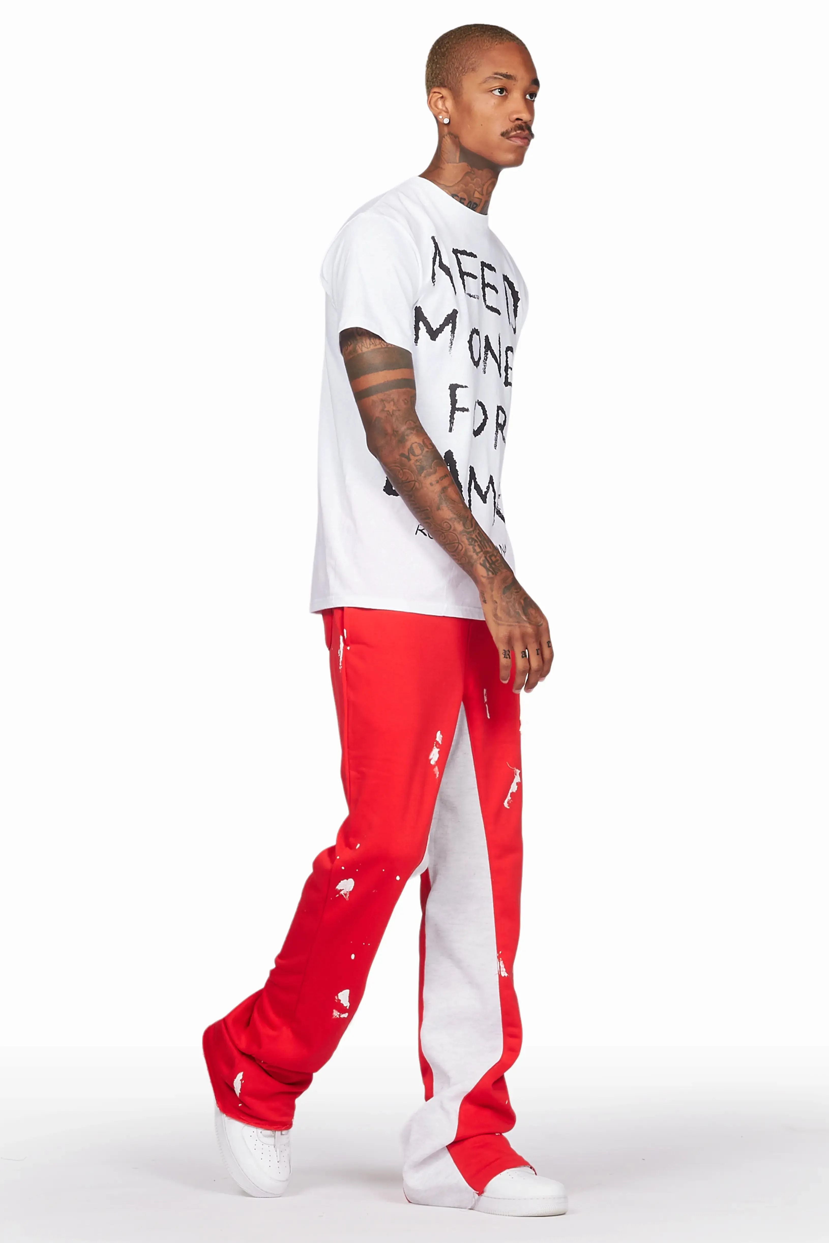 Baback Red Patchwork Stacked Baggy Flare Pants