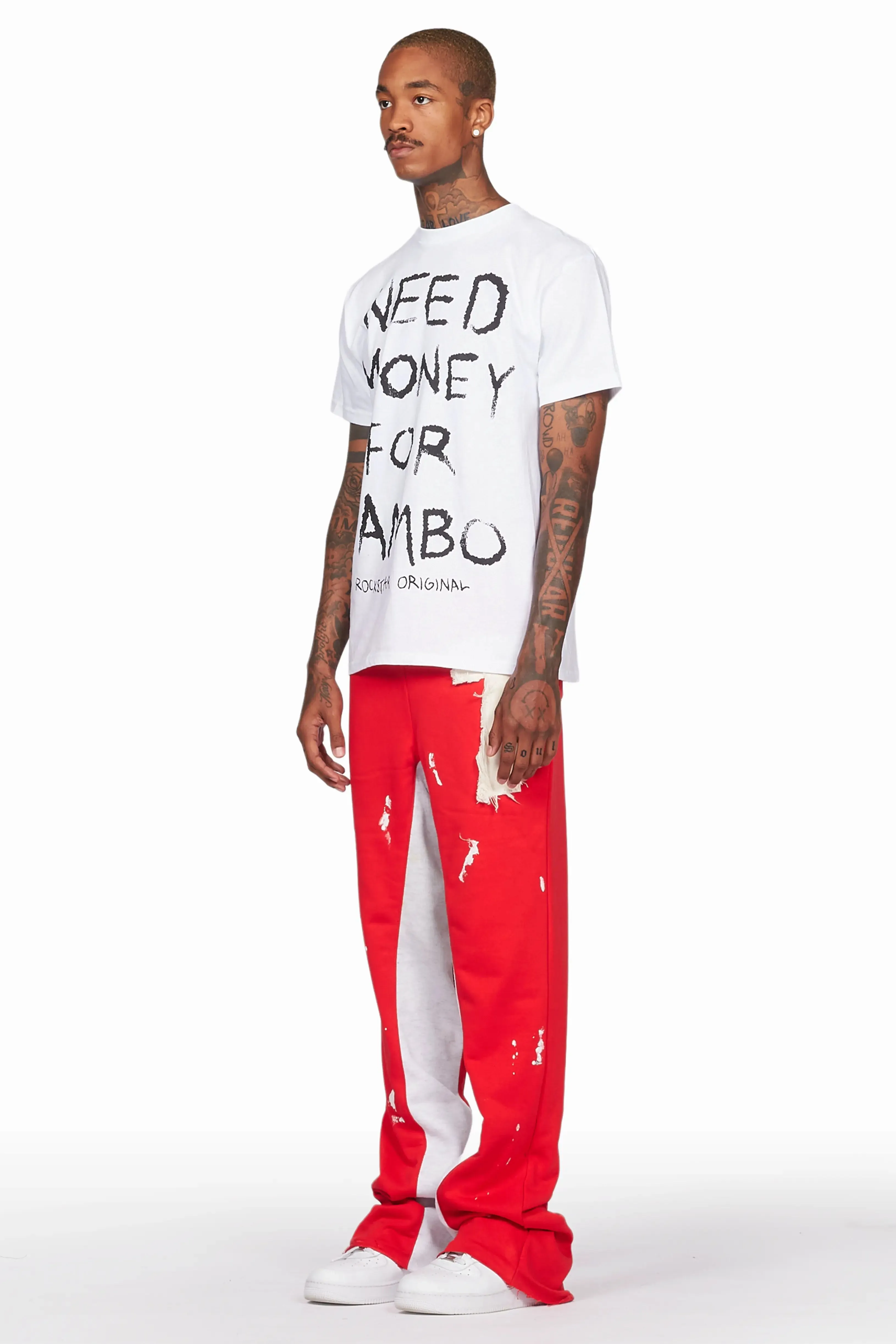 Baback Red Patchwork Stacked Baggy Flare Pants