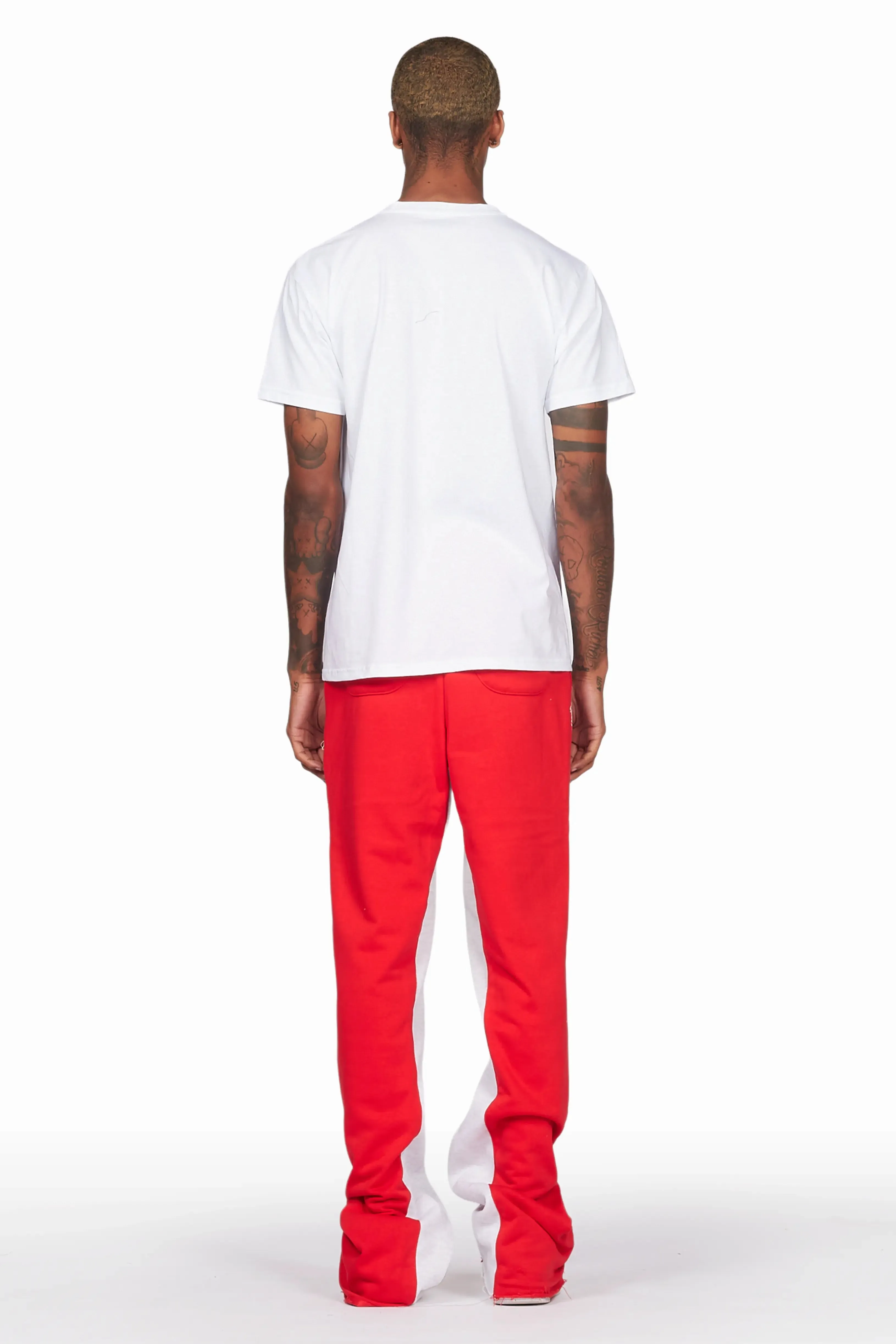 Baback Red Patchwork Stacked Baggy Flare Pants