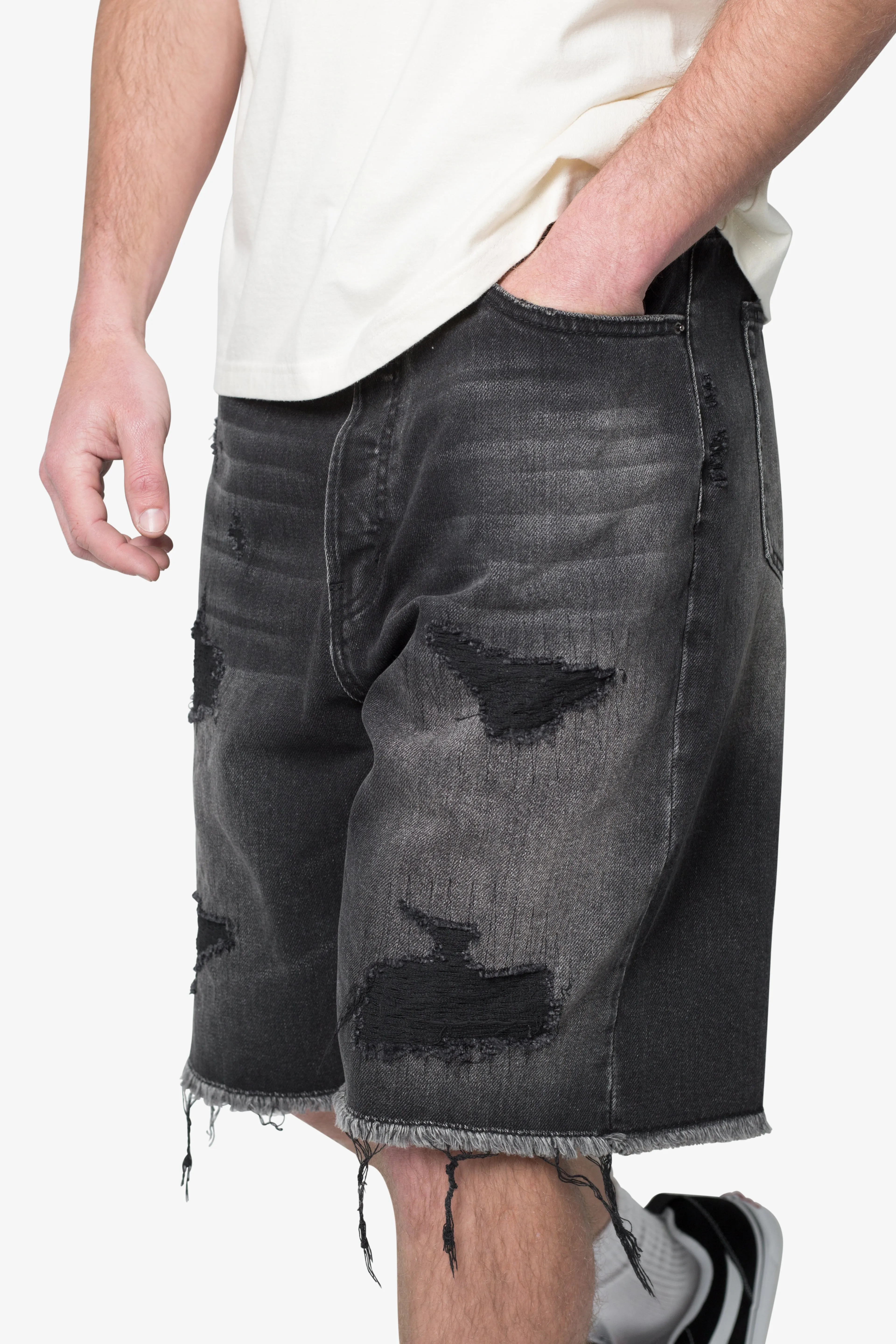 Baggy Rip Denim Shorts - Washed Black