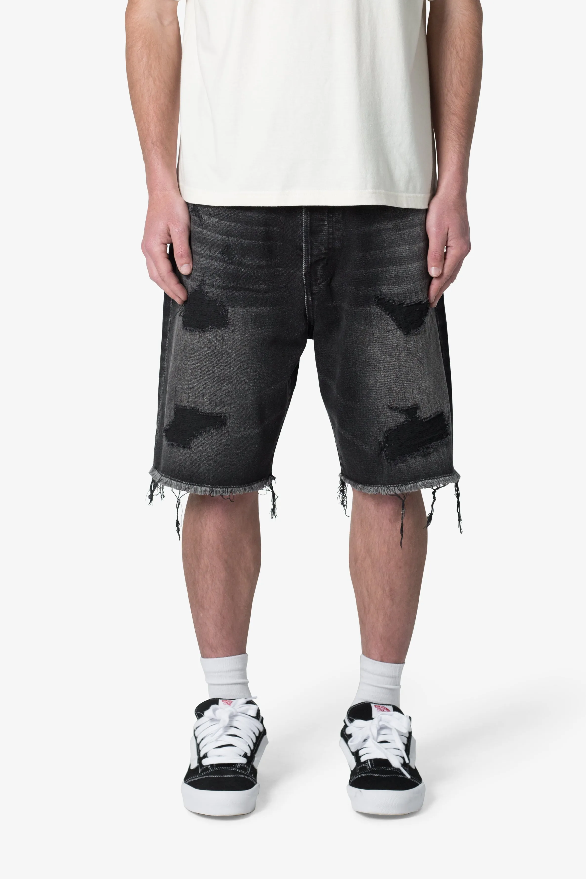 Baggy Rip Denim Shorts - Washed Black