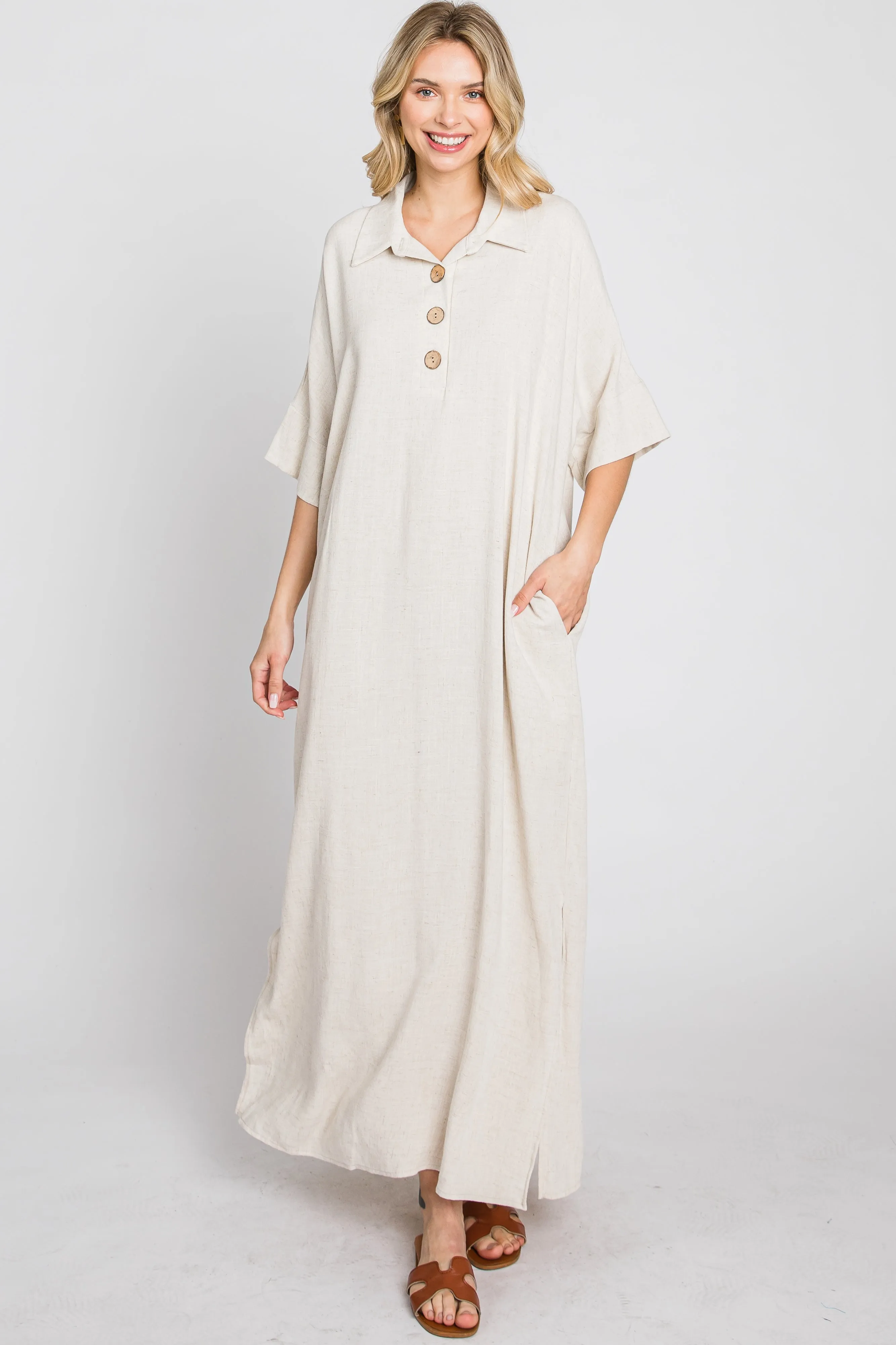 Beige Collared Linen Maxi Dress