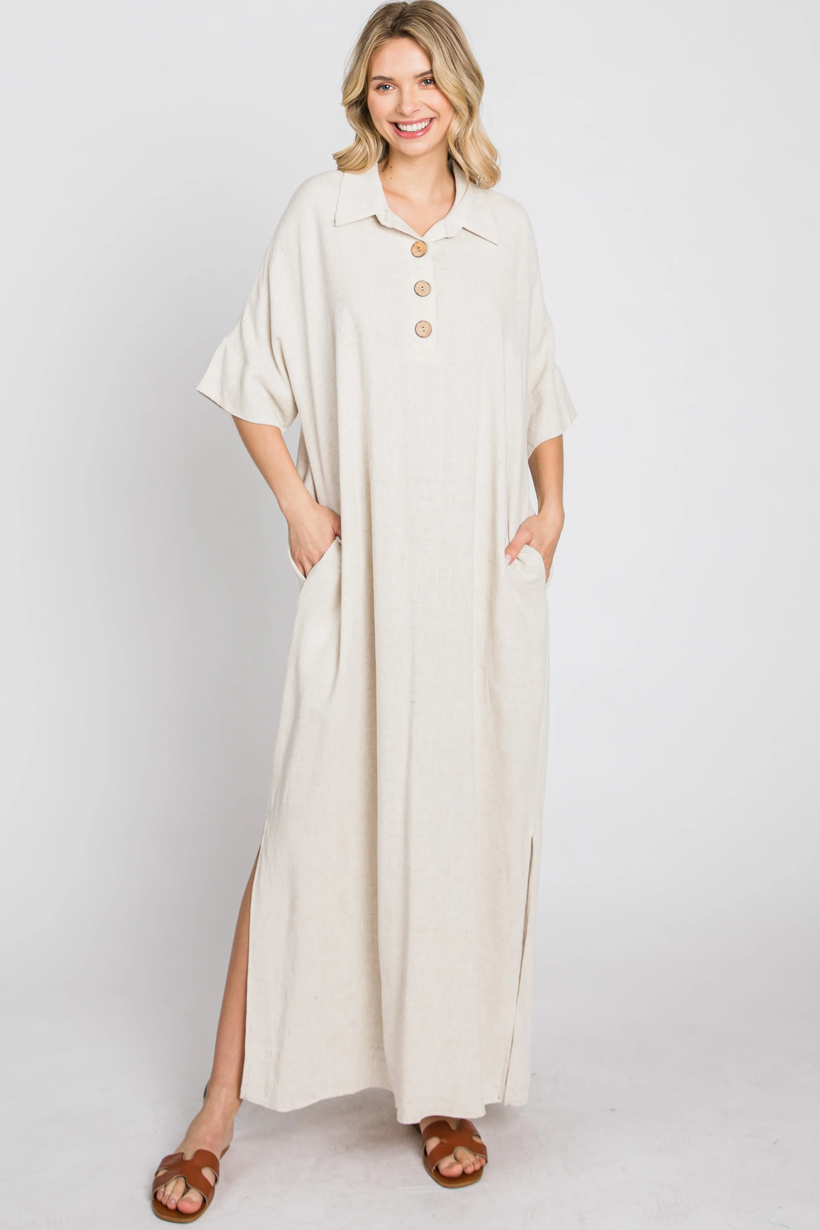 Beige Collared Linen Maxi Dress