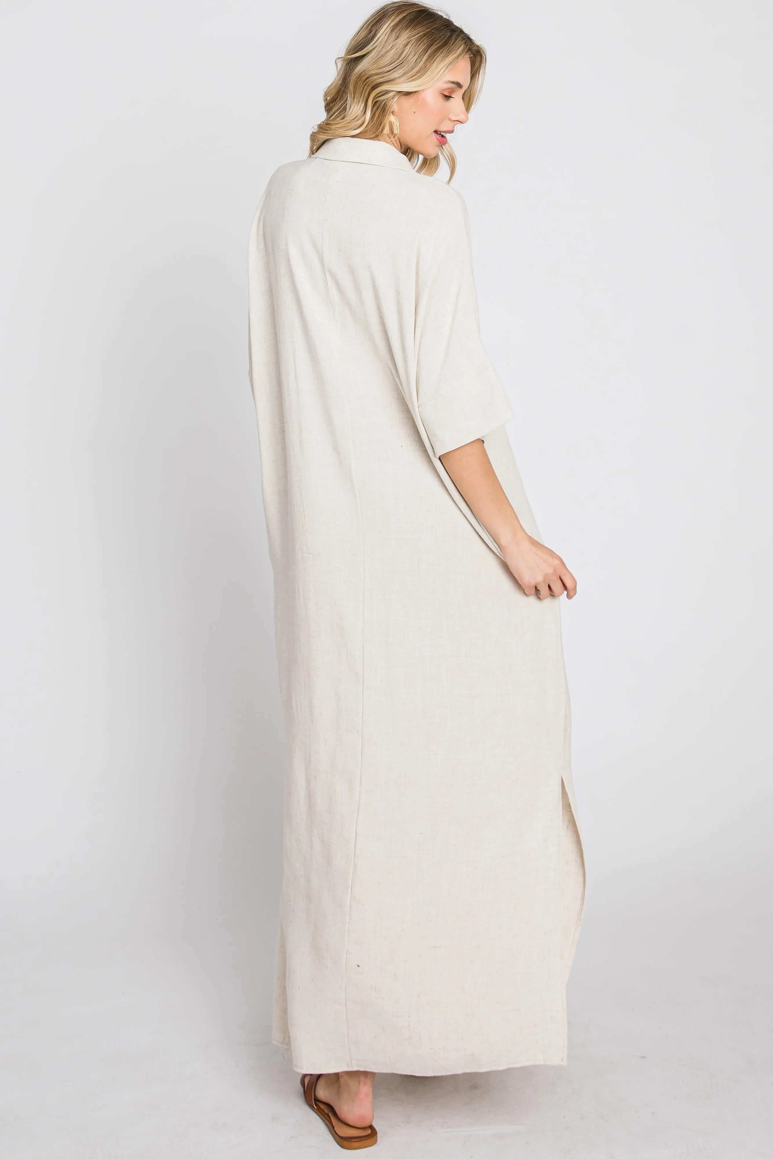 Beige Collared Linen Maxi Dress