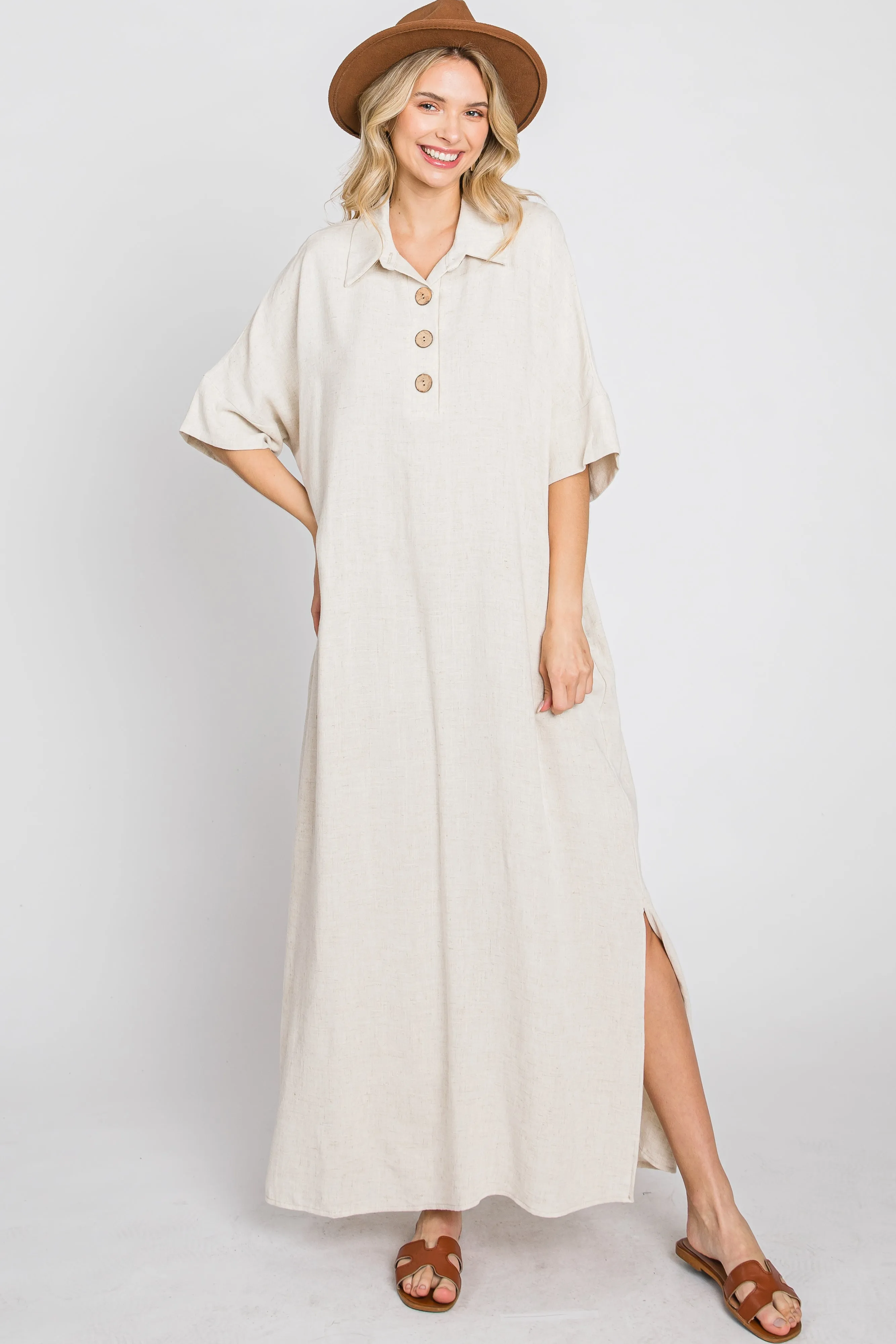 Beige Collared Linen Maxi Dress