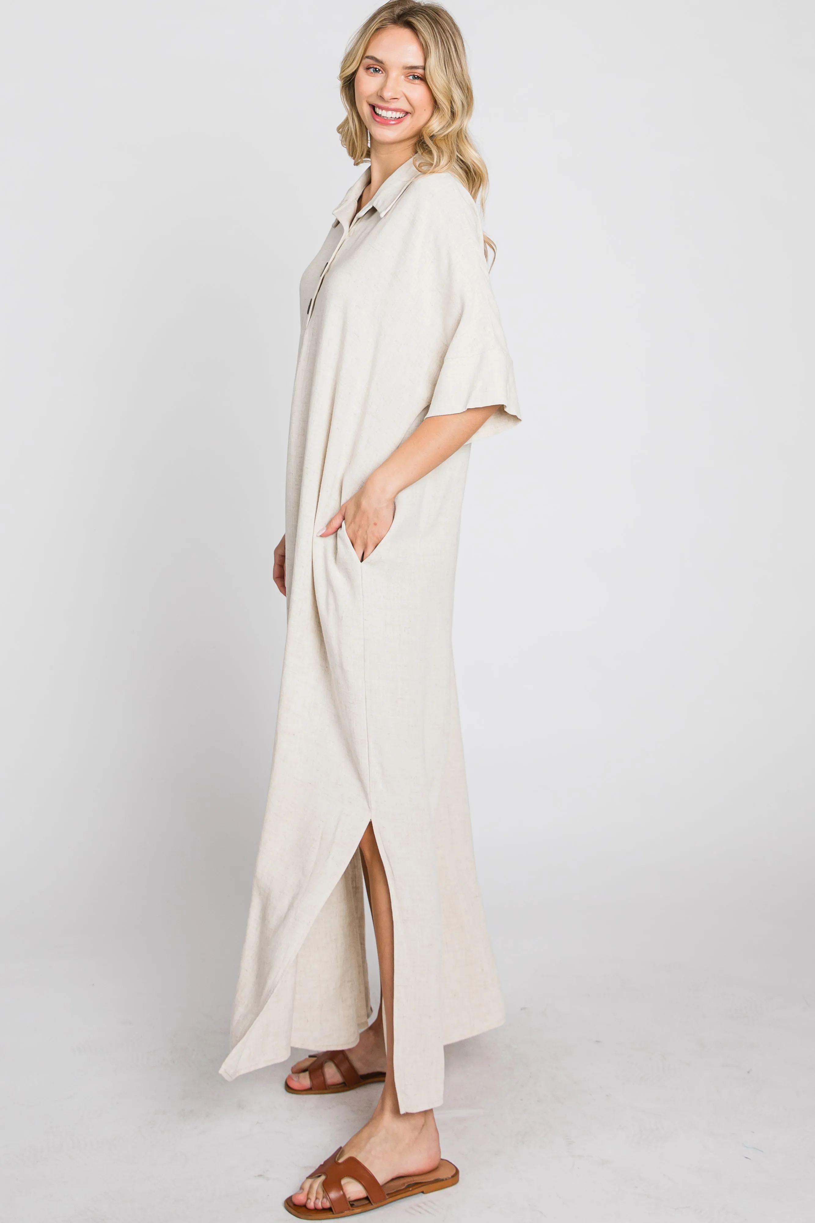 Beige Collared Linen Maxi Dress