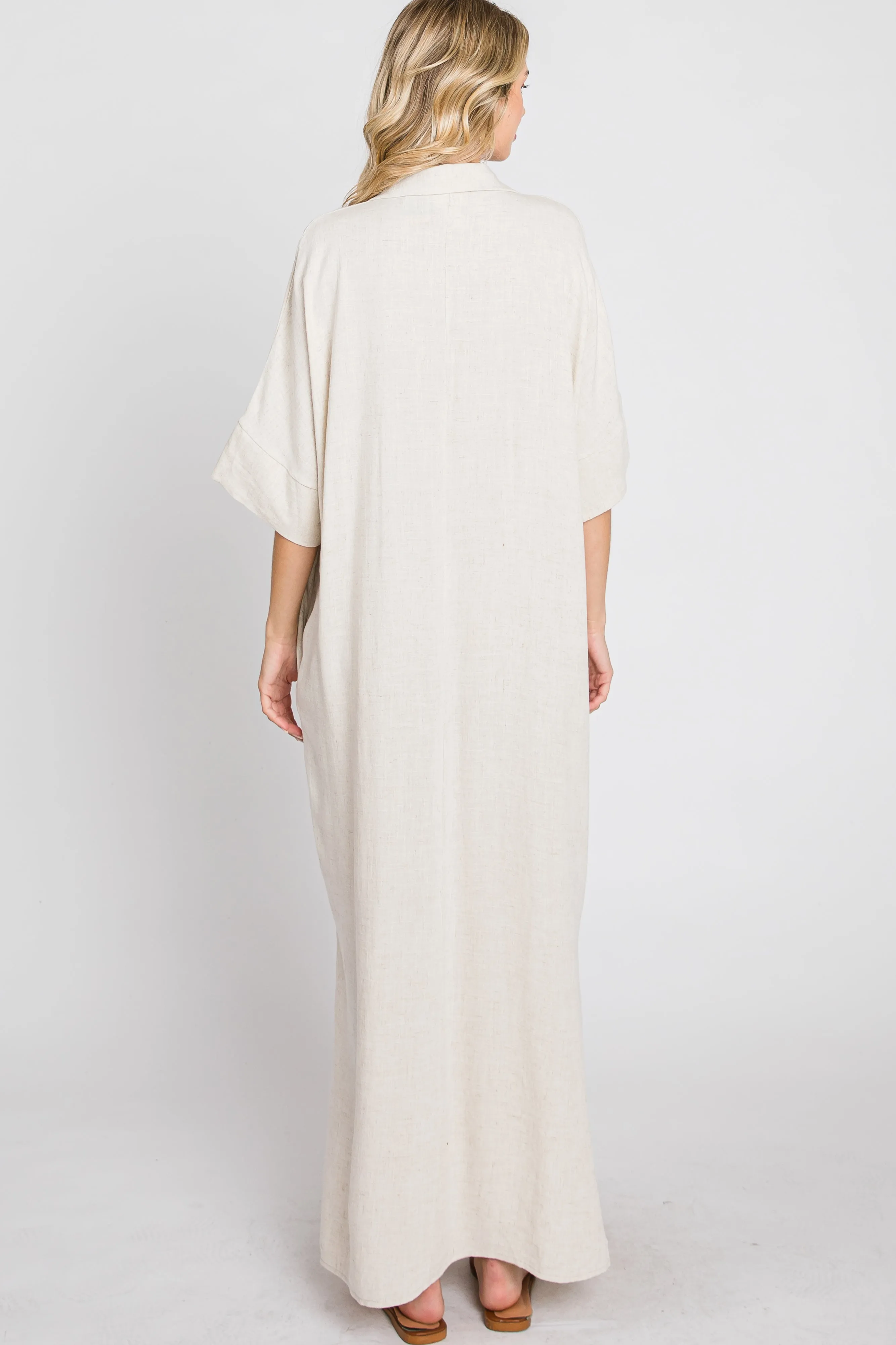 Beige Collared Linen Maxi Dress