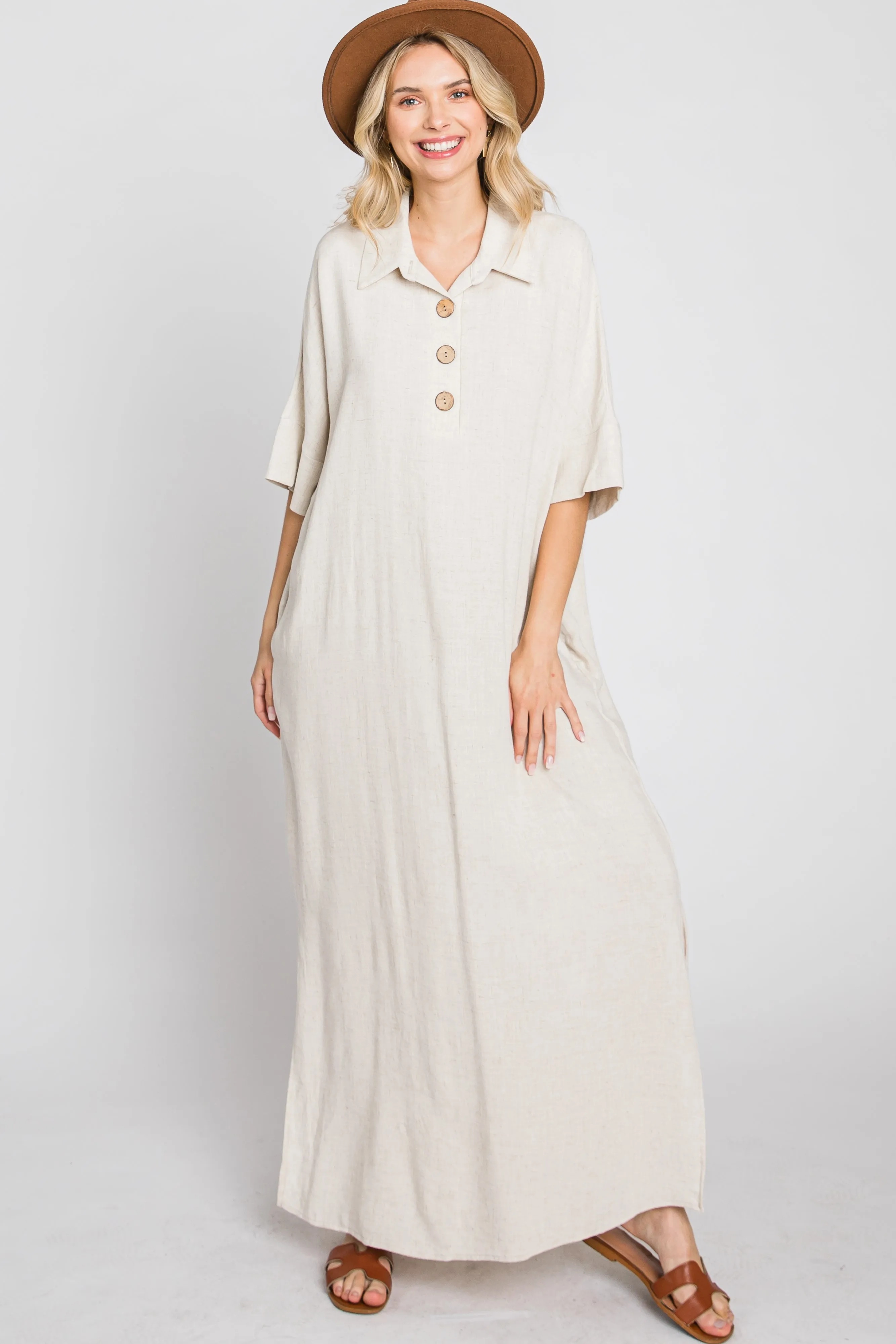 Beige Collared Linen Maxi Dress