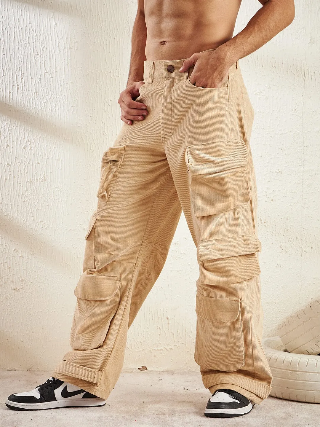 Beige Cord Super Baggy Cargo Trouser