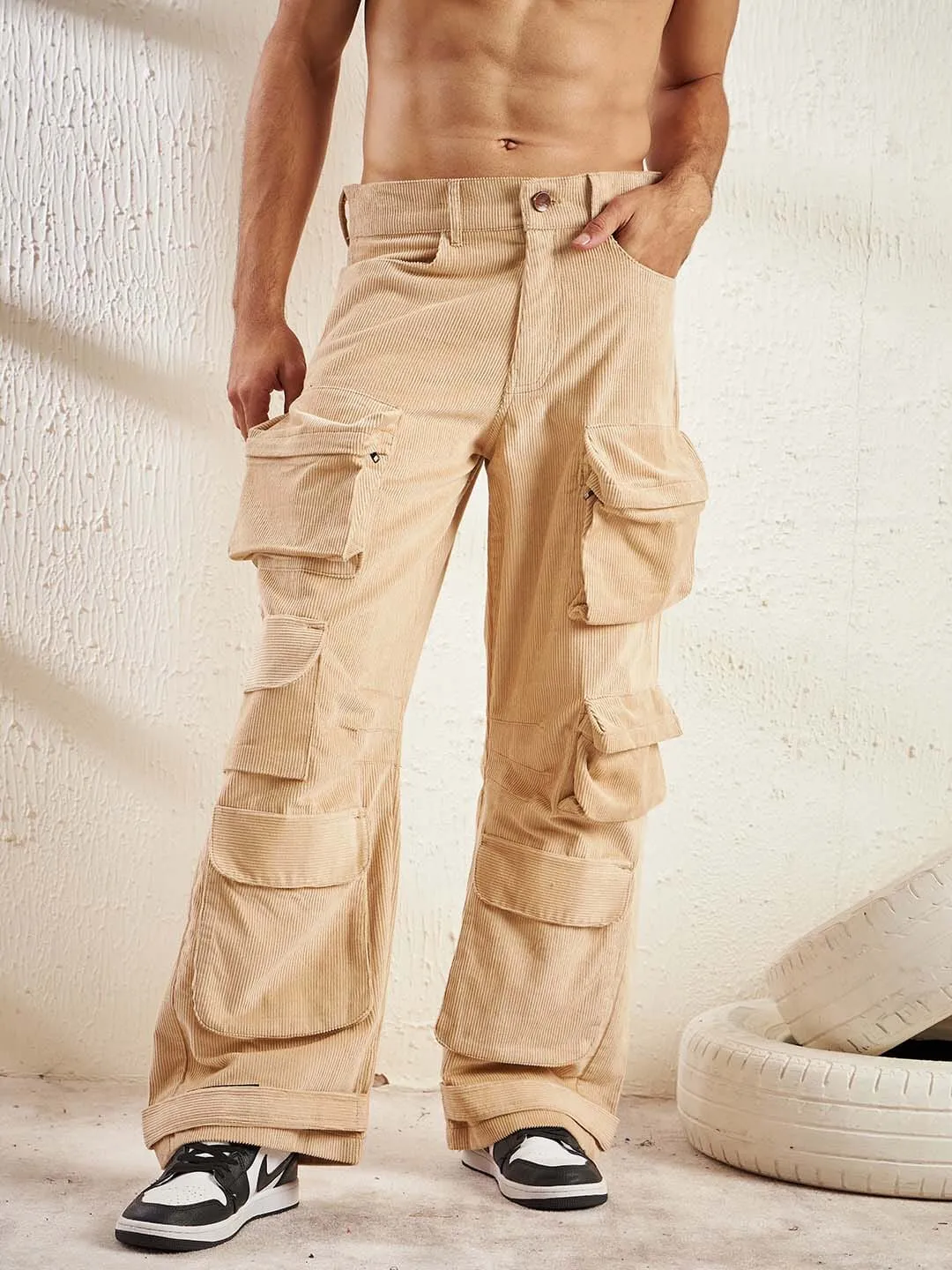 Beige Cord Super Baggy Cargo Trouser