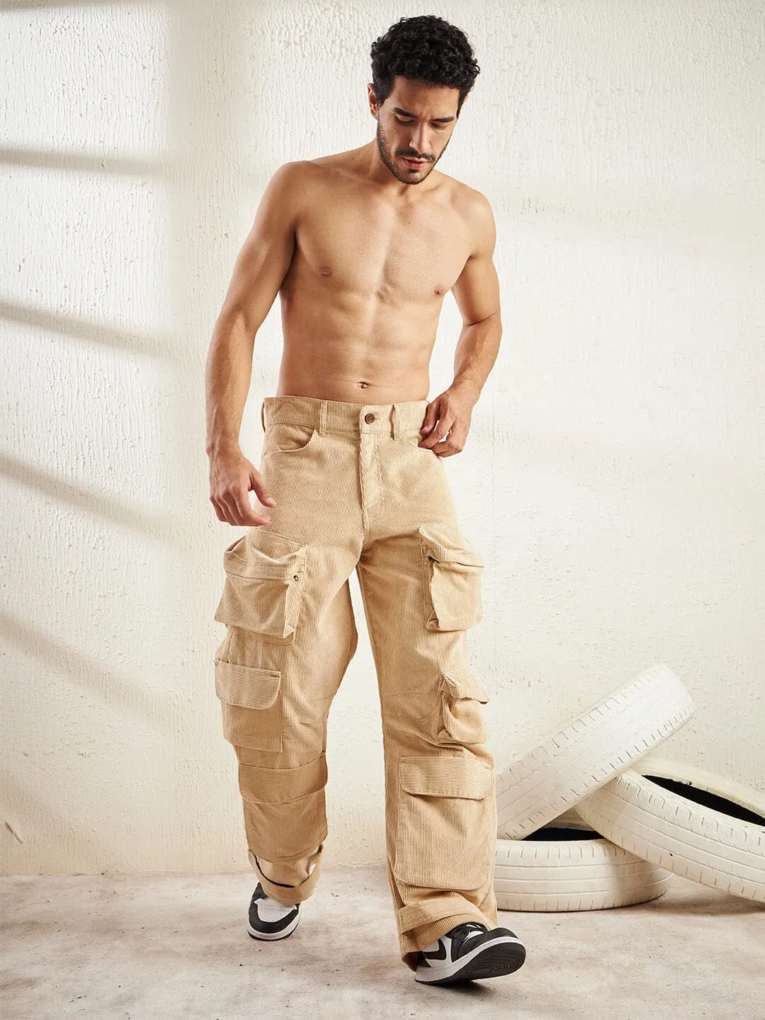 Beige Cord Super Baggy Cargo Trouser