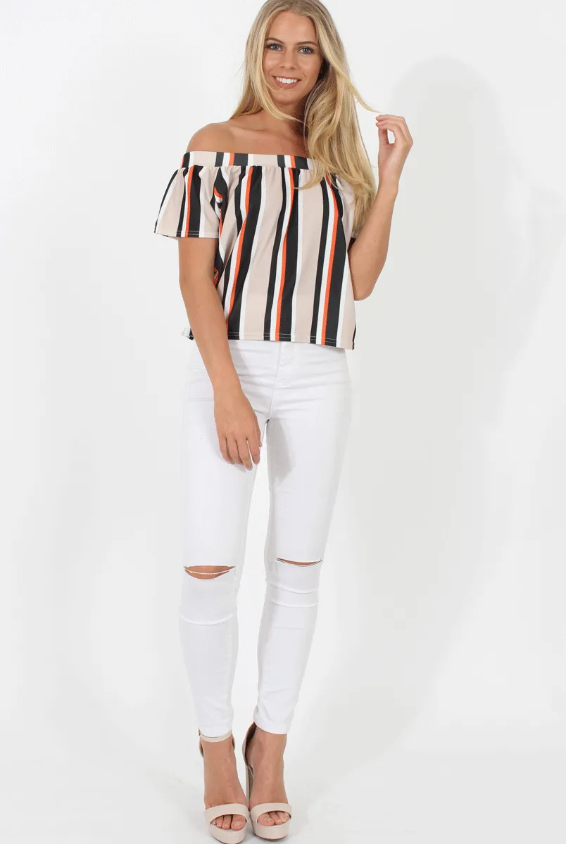 Beige Striped Bardot Top - Victoria