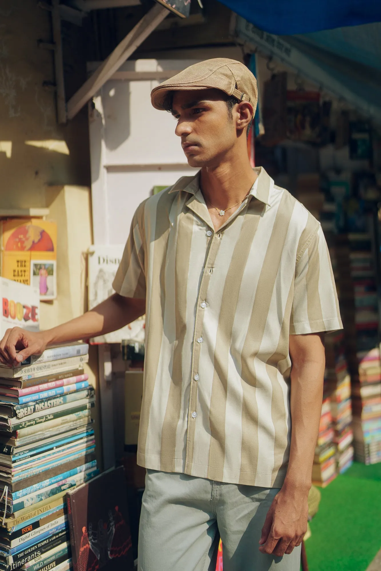 Beige Striped Men's Viscose Shirt