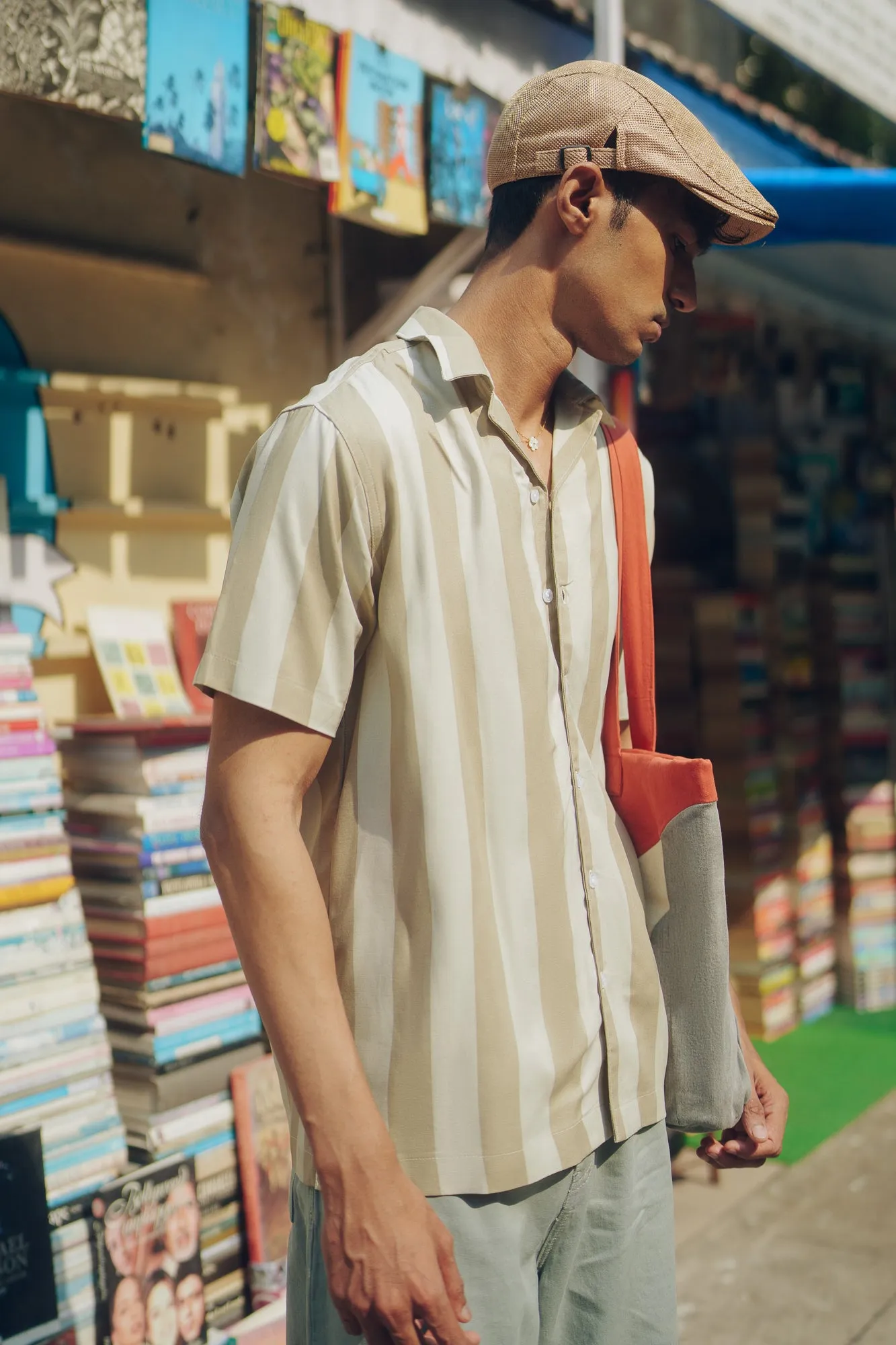 Beige Striped Men's Viscose Shirt