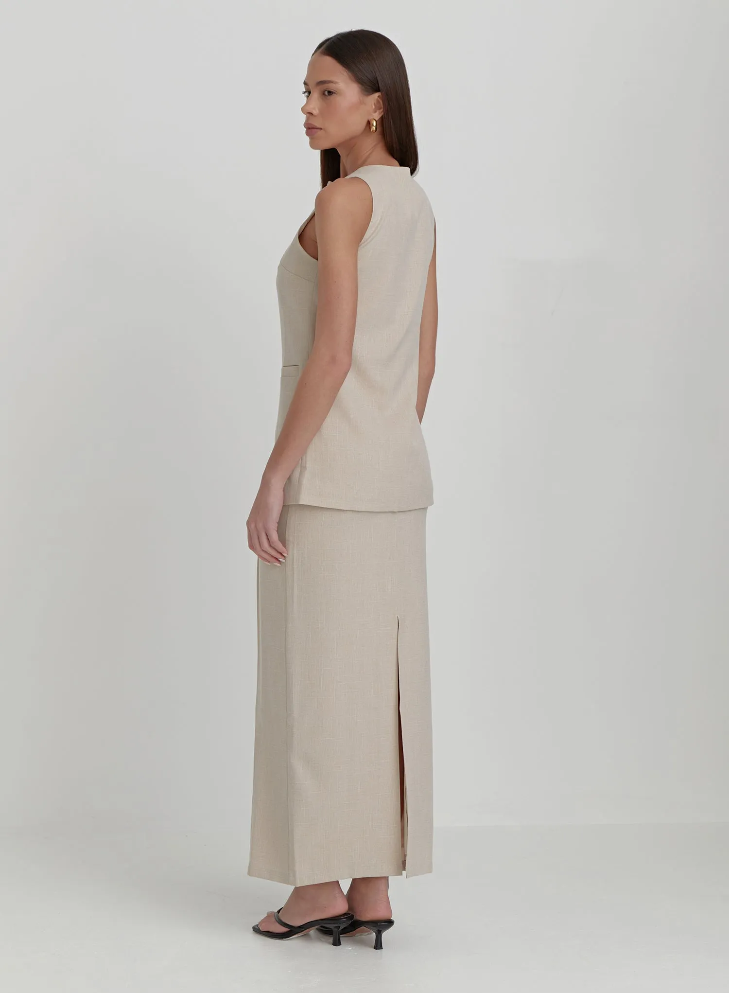 Beige Tailored Midiaxi Skirt- Marcallo