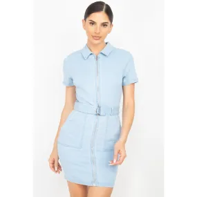 Belted Bodycon Collared Denim Dress