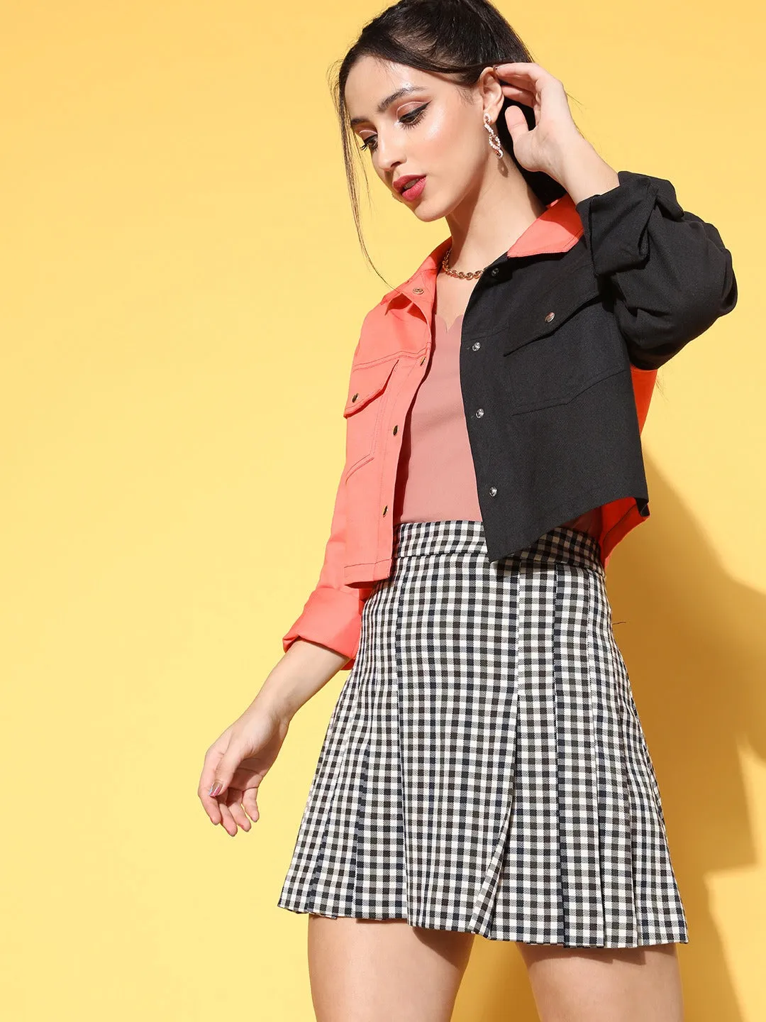 Berrylush Women Black & Coral Orange Colourblocked Pattern Spread Collar Neck Drop-Shoulder Tailored Crop Jacket