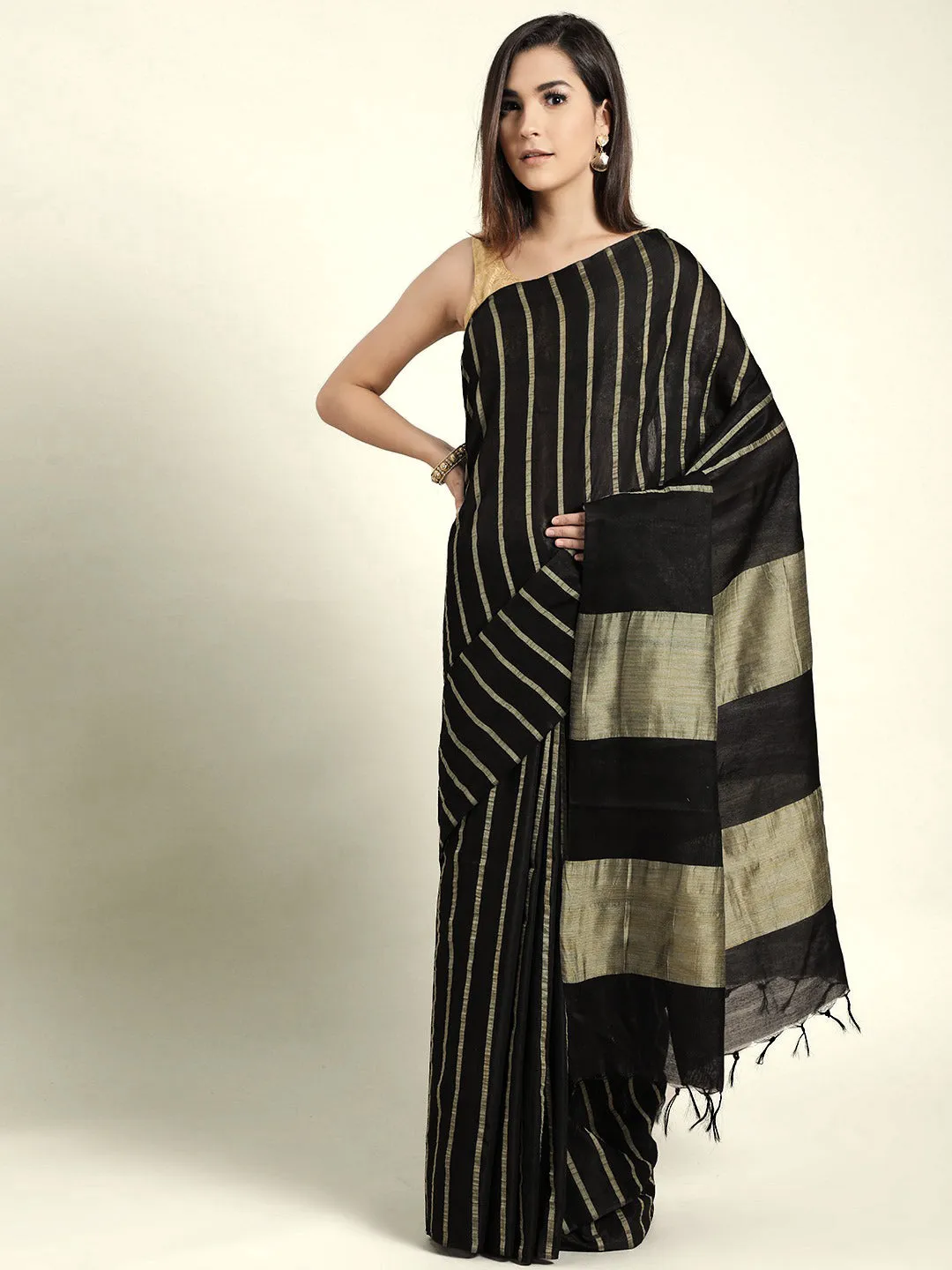 Black and Beige Striped Saree