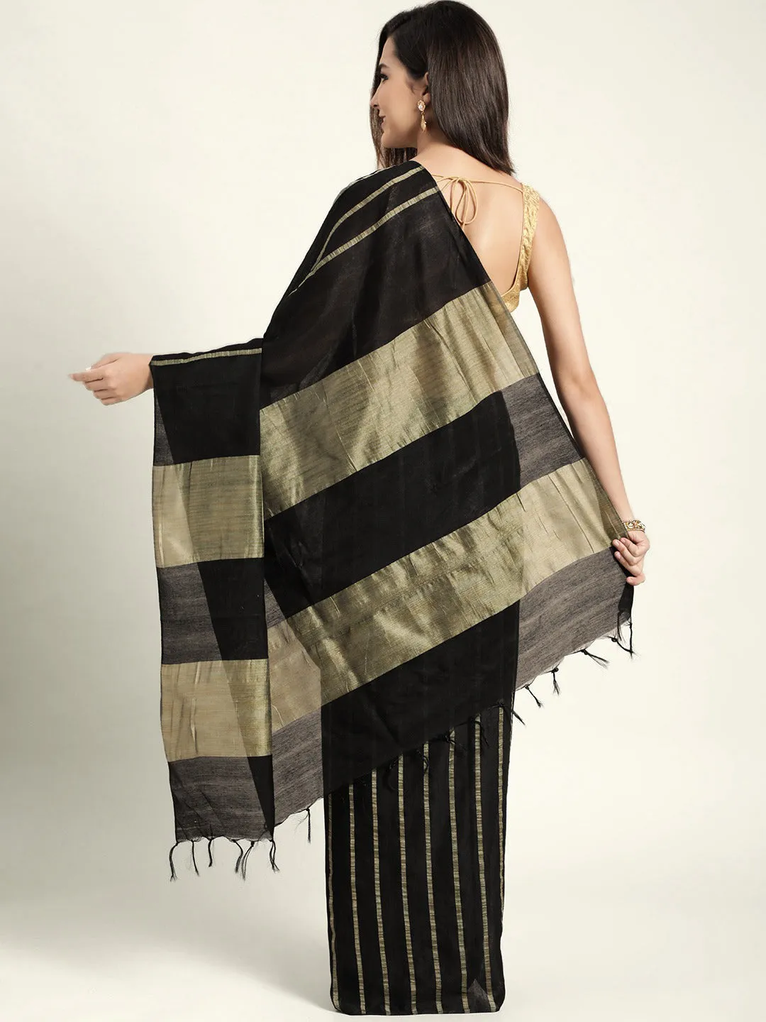 Black and Beige Striped Saree