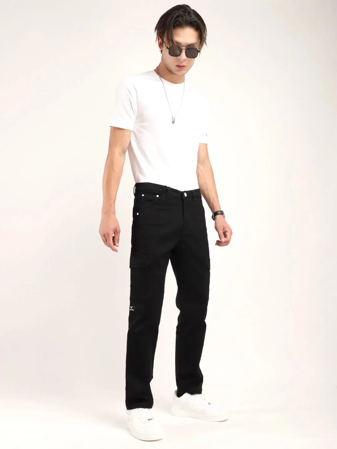 Black Knitting Baggy Fit Denim Cargo