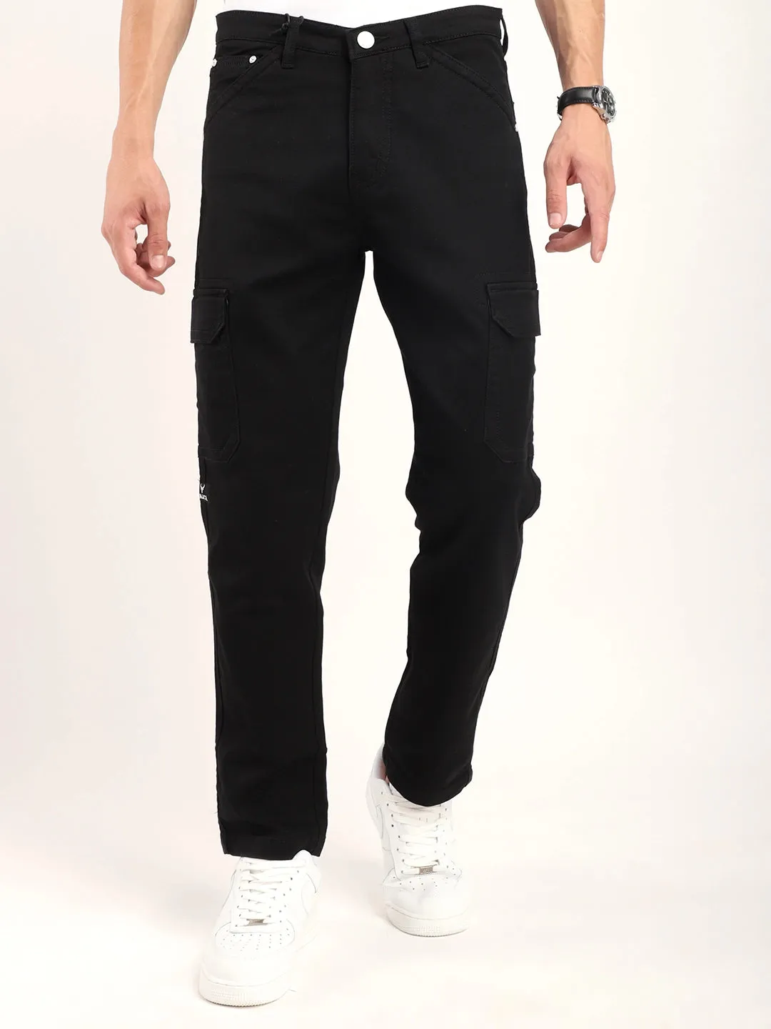 Black Knitting Baggy Fit Denim Cargo