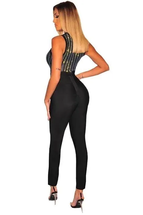 Black Rhinestone Mesh Sleeveless Embellished Bodysuit