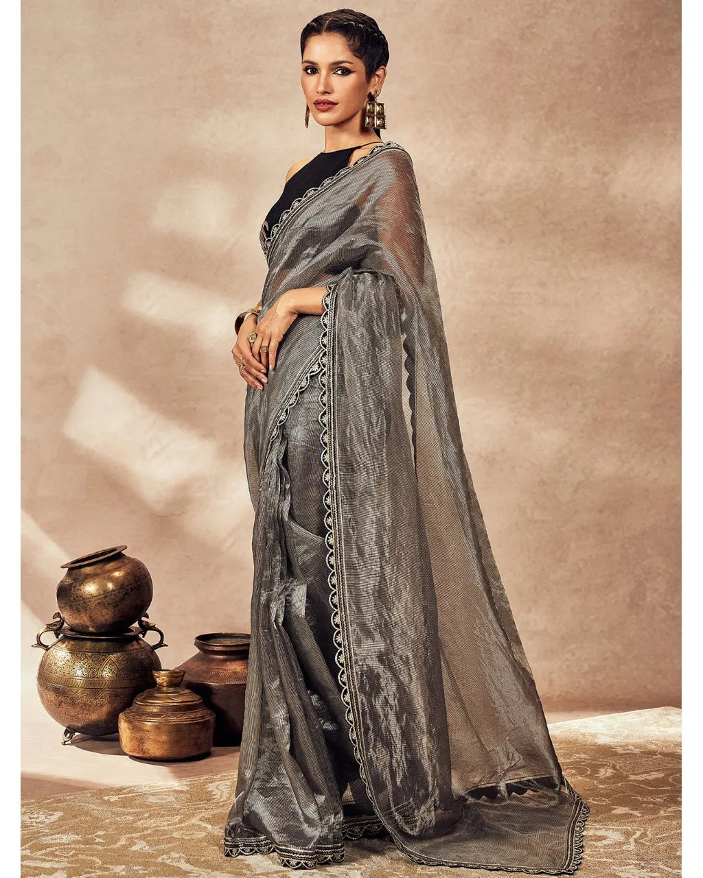 Black Striped Zari Sari Set