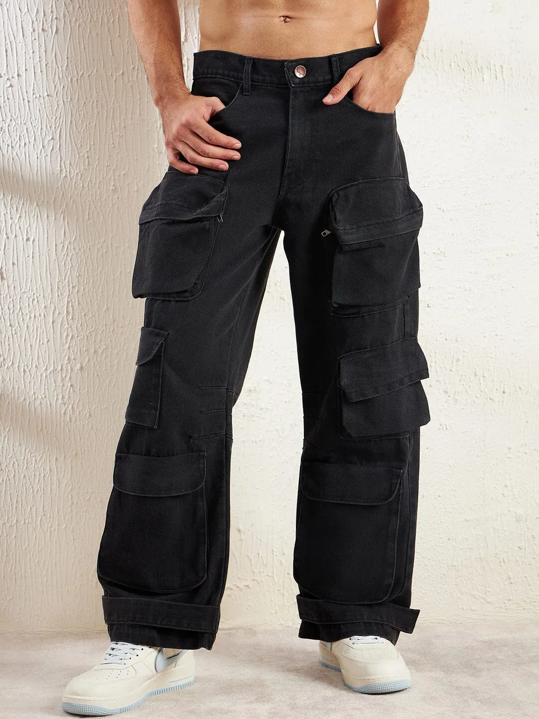 Black Super Baggy Cargo Denim