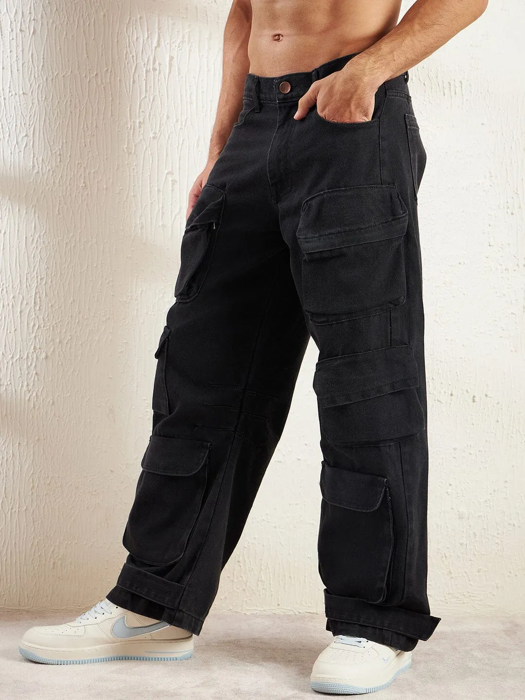 Black Super Baggy Cargo Denim