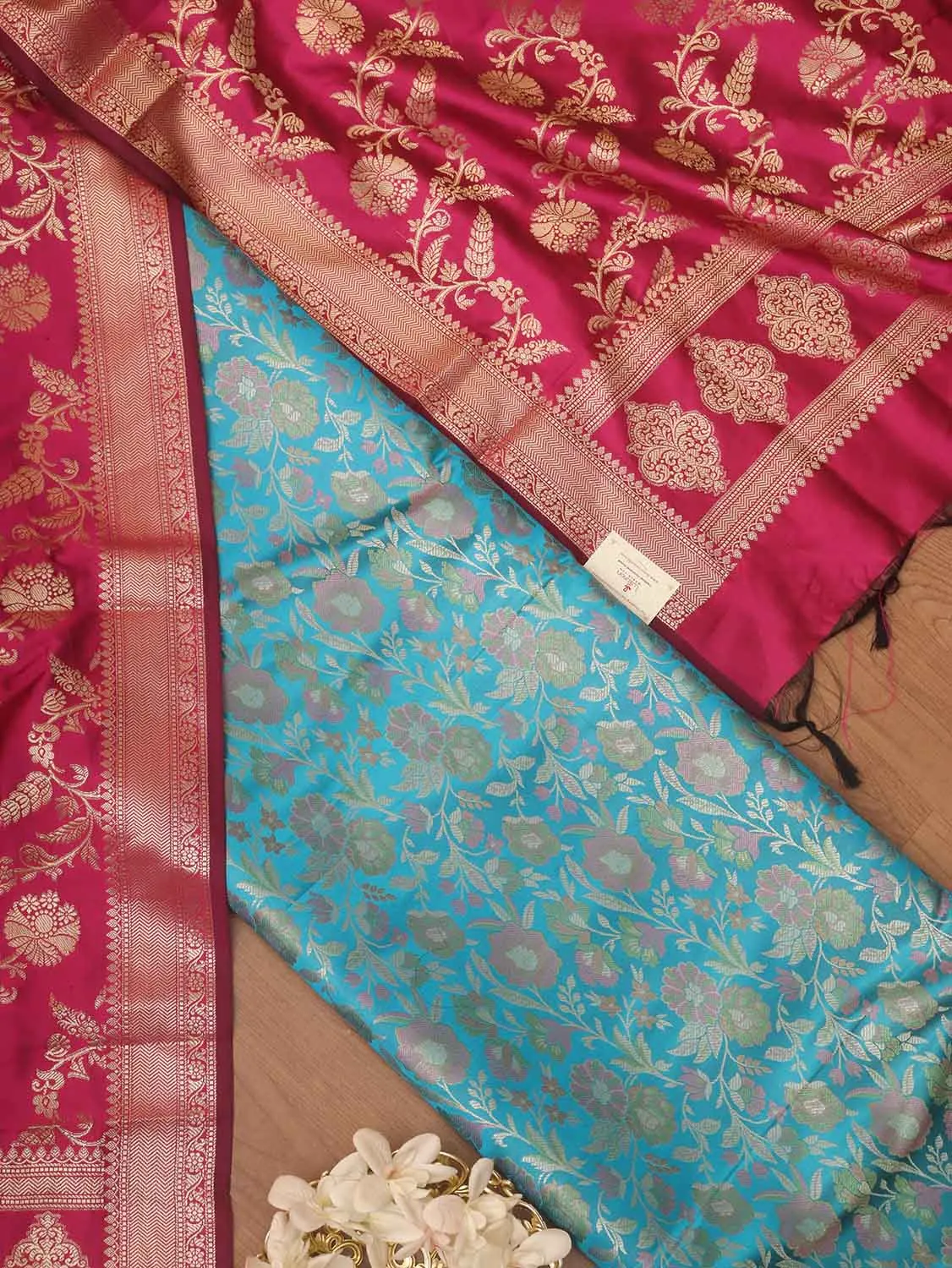 Blue Banarasi Silk Tanchui Jamawar Suit With Pink Banarasi Silk Dupatta