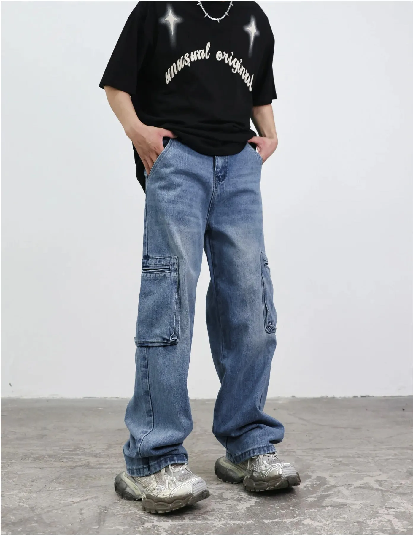 Blue Out Dated Wash Cargo Pocket Baggy Jeans