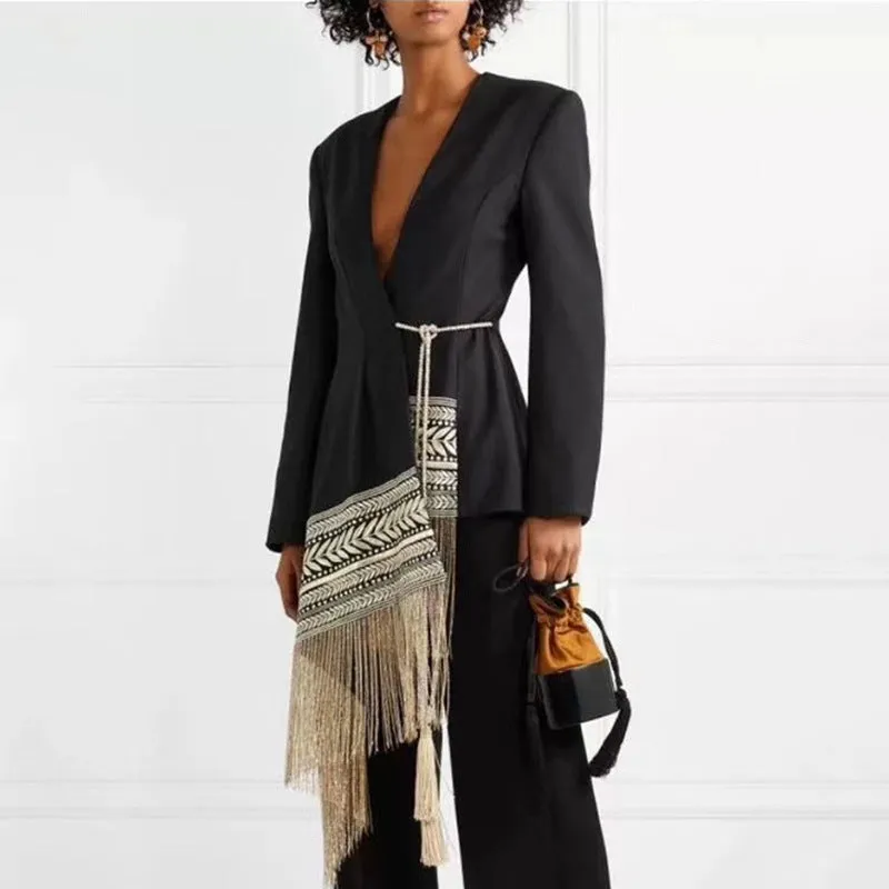 Boho Aztec Embroidery Tailored Contrast Tie Fringe Asymmetric Longline Blazer Dress With Tassels