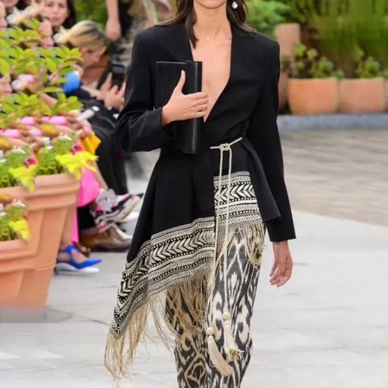 Boho Aztec Embroidery Tailored Contrast Tie Fringe Asymmetric Longline Blazer Dress With Tassels