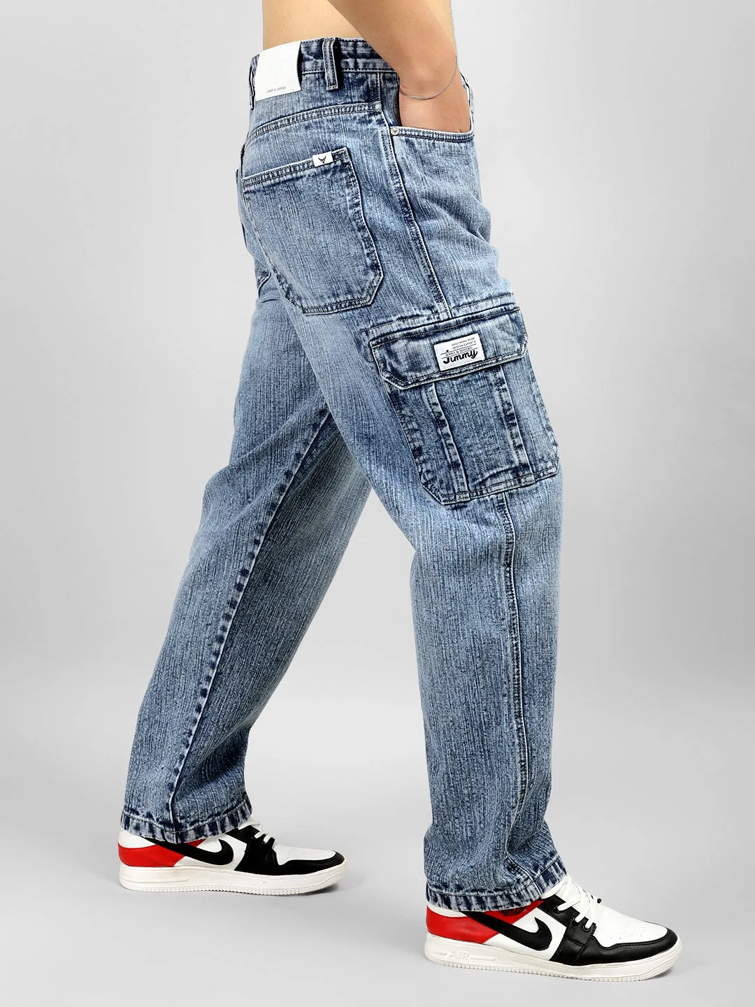 Trendy Light Blue Baggy Fit Denim Cargo Pants