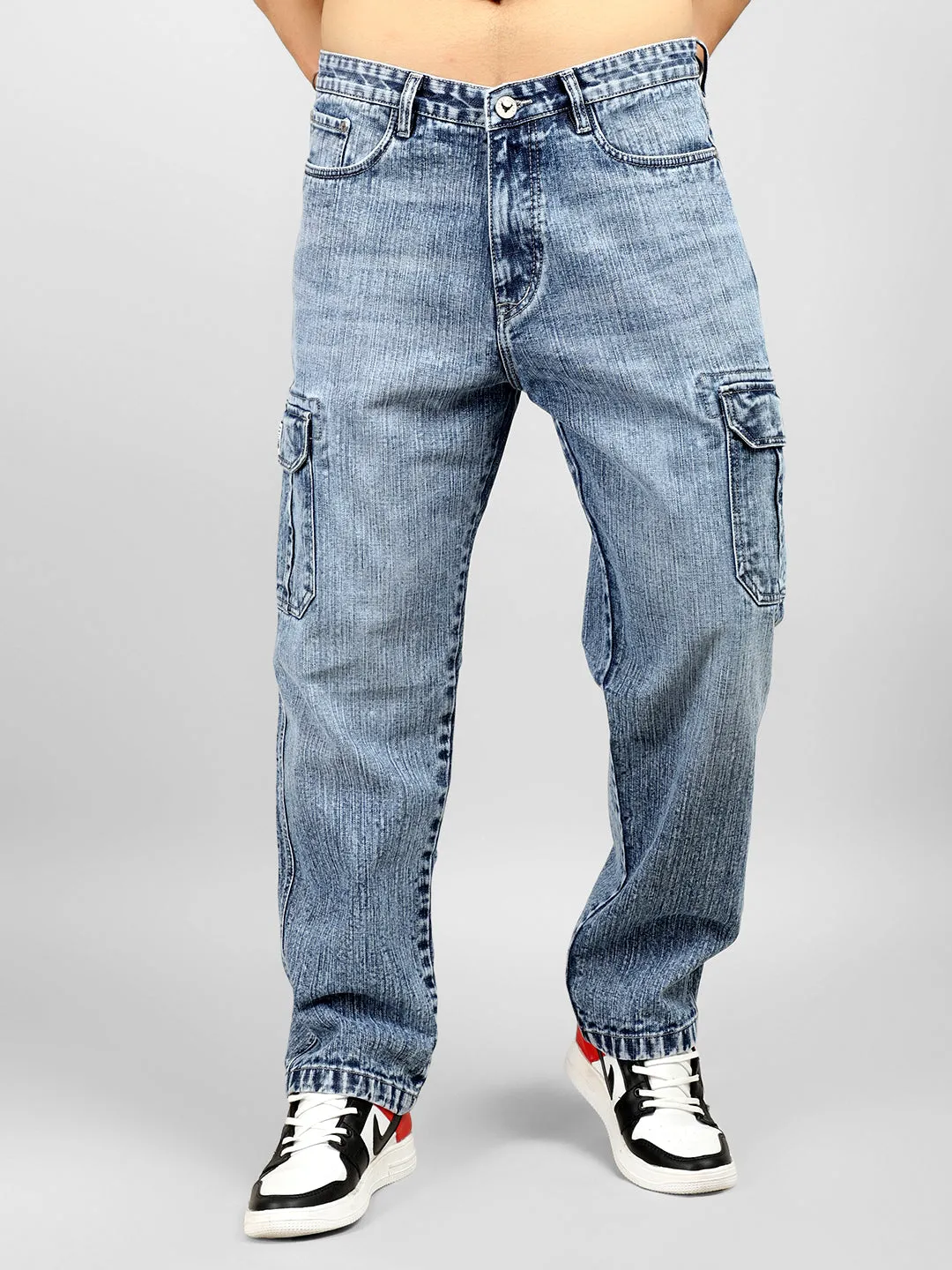 Trendy Light Blue Baggy Fit Denim Cargo Pants