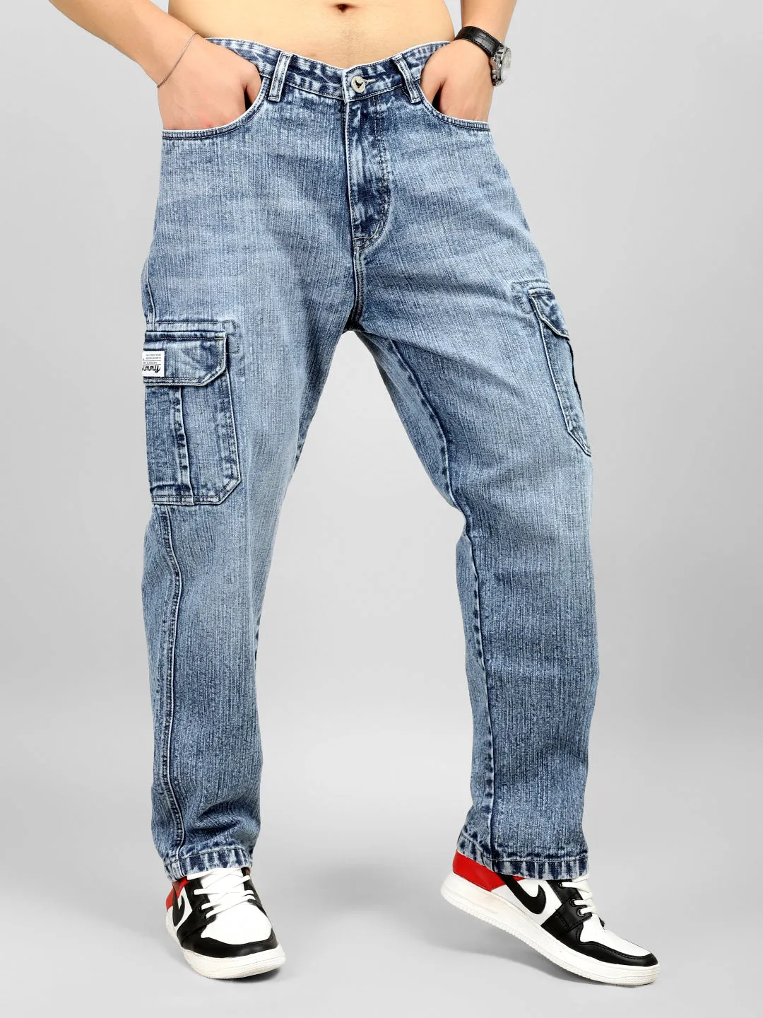 Trendy Light Blue Baggy Fit Denim Cargo Pants