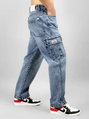 Trendy Light Blue Baggy Fit Denim Cargo Pants