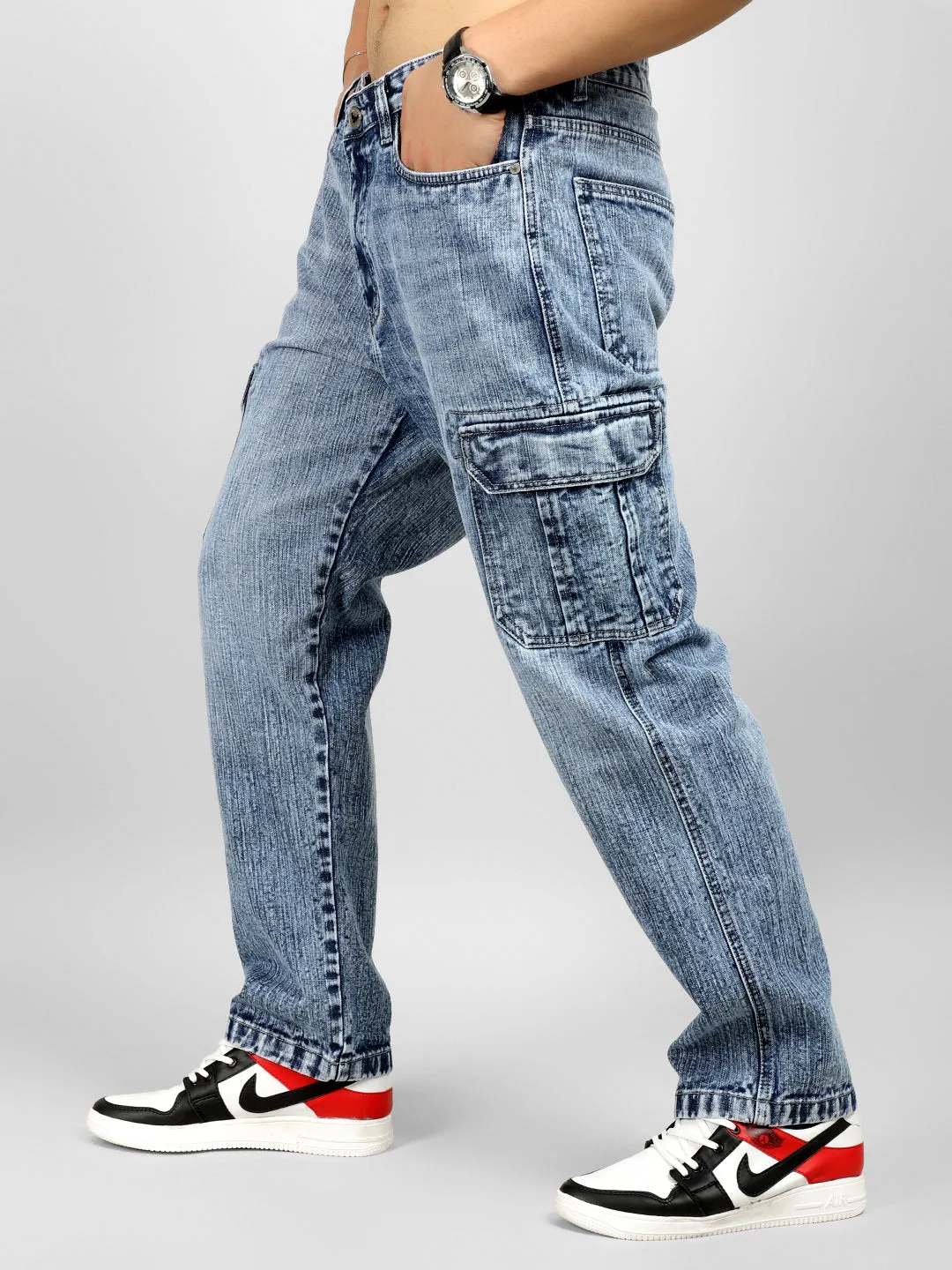 Trendy Light Blue Baggy Fit Denim Cargo Pants