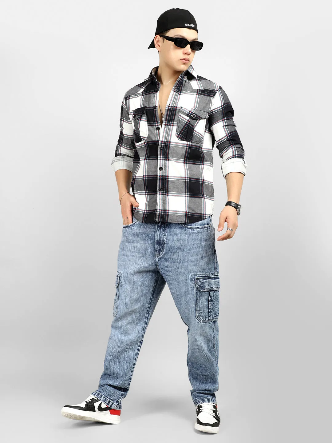 Trendy Light Blue Baggy Fit Denim Cargo Pants