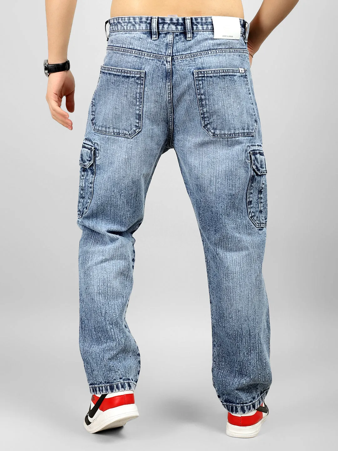 Trendy Light Blue Baggy Fit Denim Cargo Pants