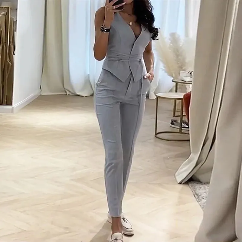 Confident Tailored Criss Tie Two Piece Vest With Skinny Pants Suit Set