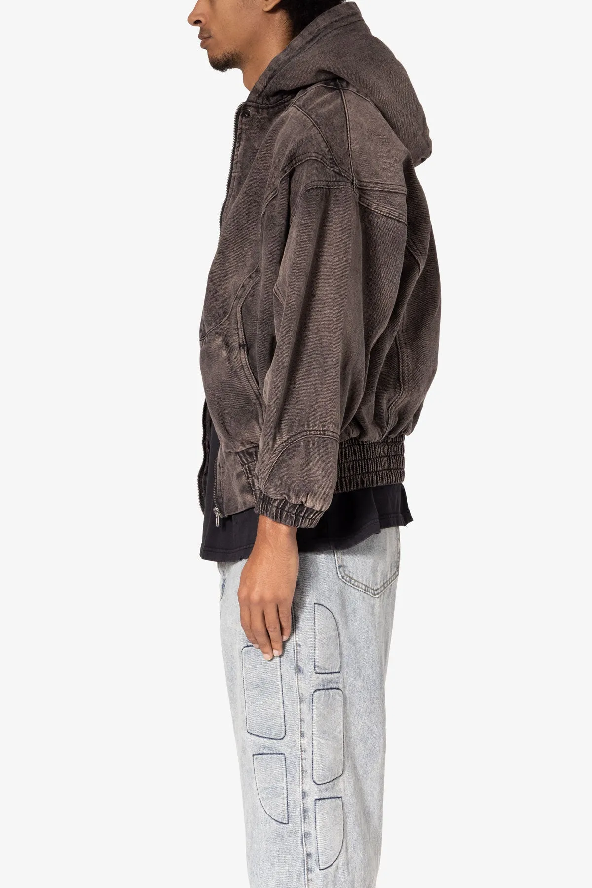 Cropped Baggy Bomber Hoodie - Washed Black