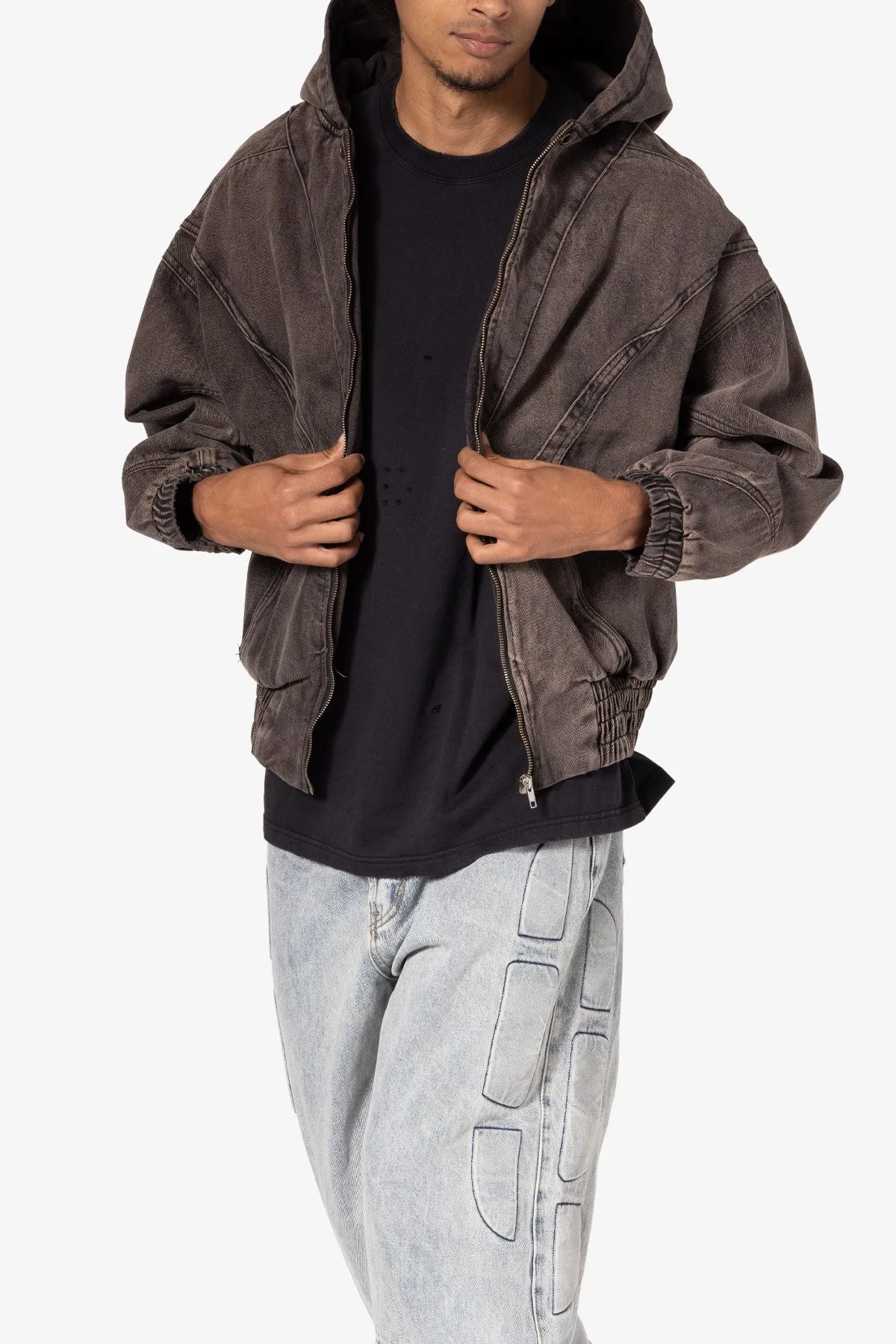 Cropped Baggy Bomber Hoodie - Washed Black