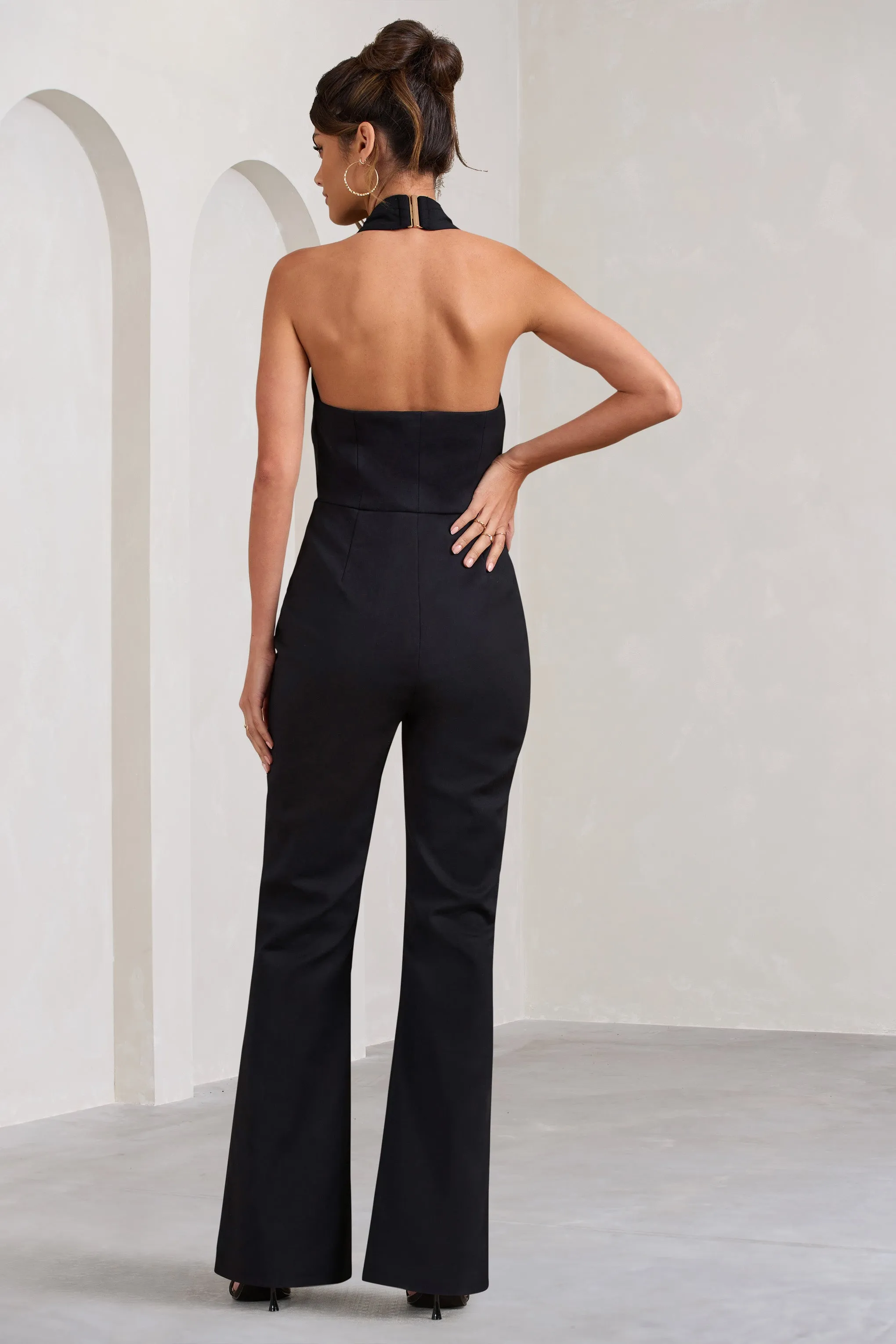 Don't Cross Me | Black Halter Neck Tailored Buttoned Sleeveless Jumpsuit