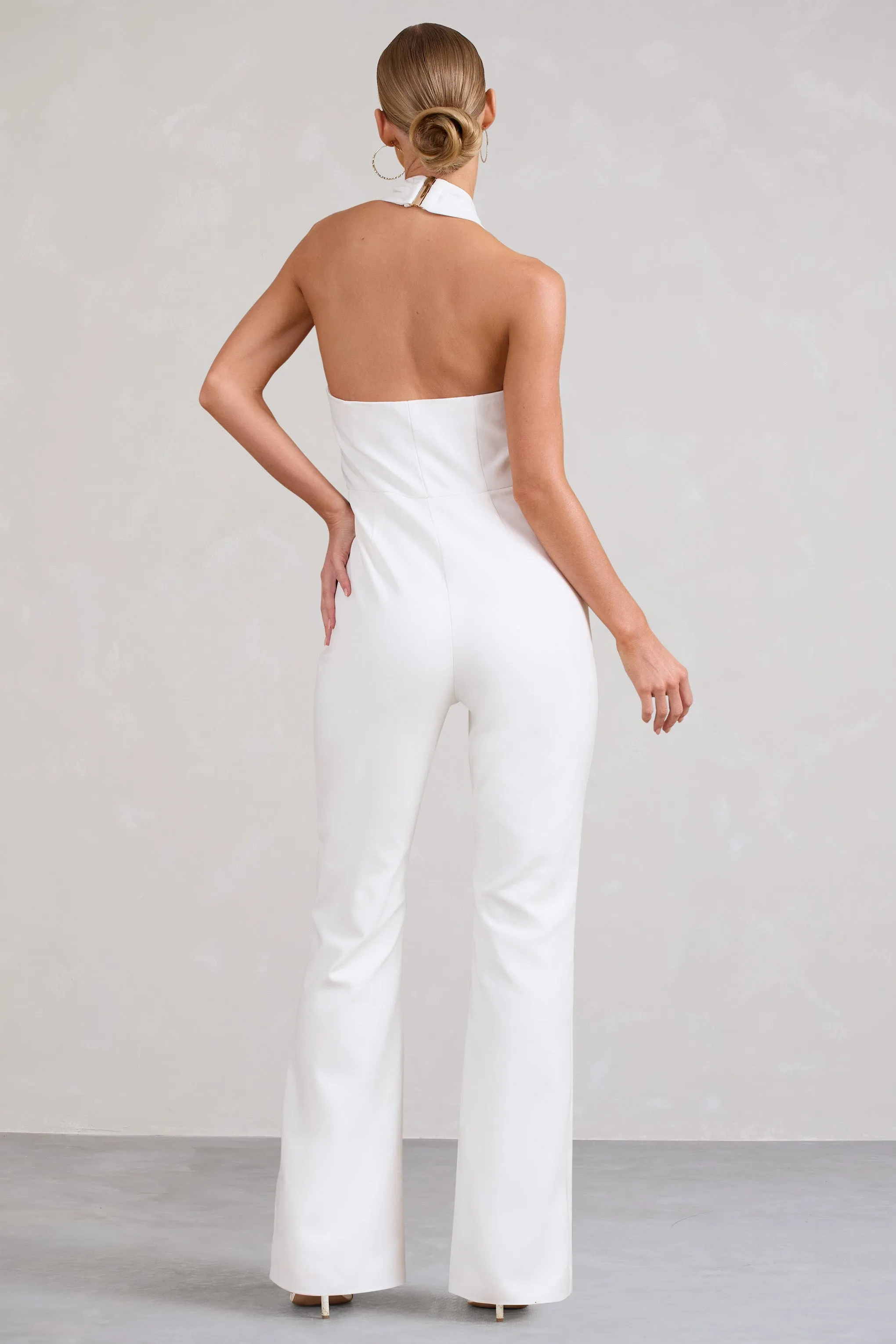 Don't Cross Me | White Halter Neck Tailored Buttoned Sleeveless Jumpsuit