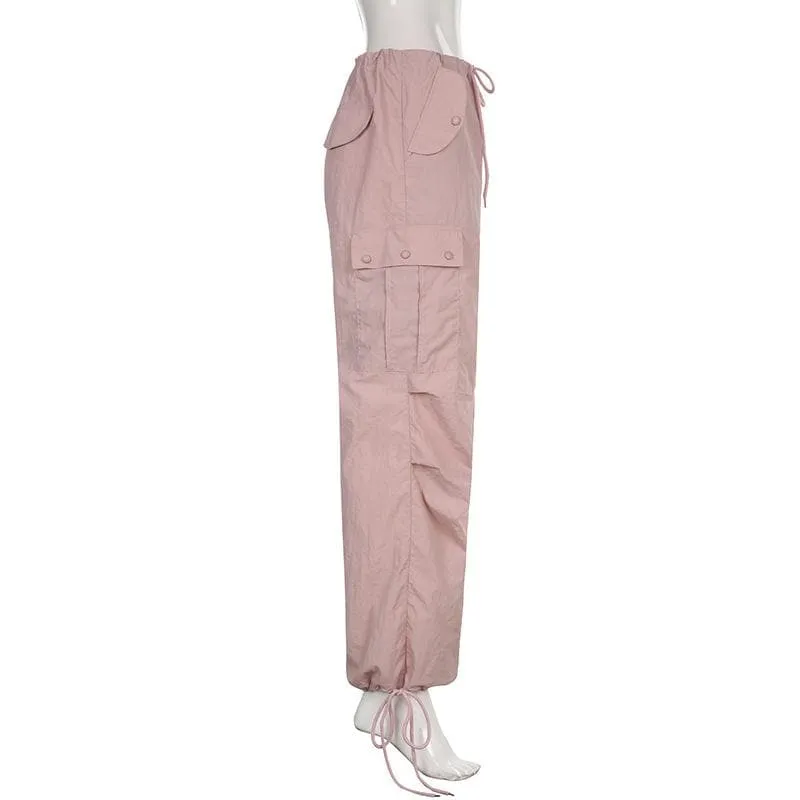 Drawstring low rise solid pocket cargo straight leg baggy pant - Final Sale