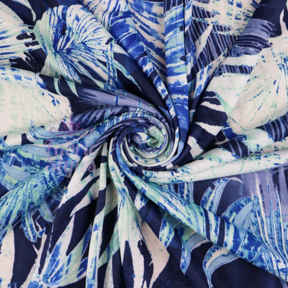 FS033 Blue Tropical Floral Print Spun Polyester Stretch Fabric